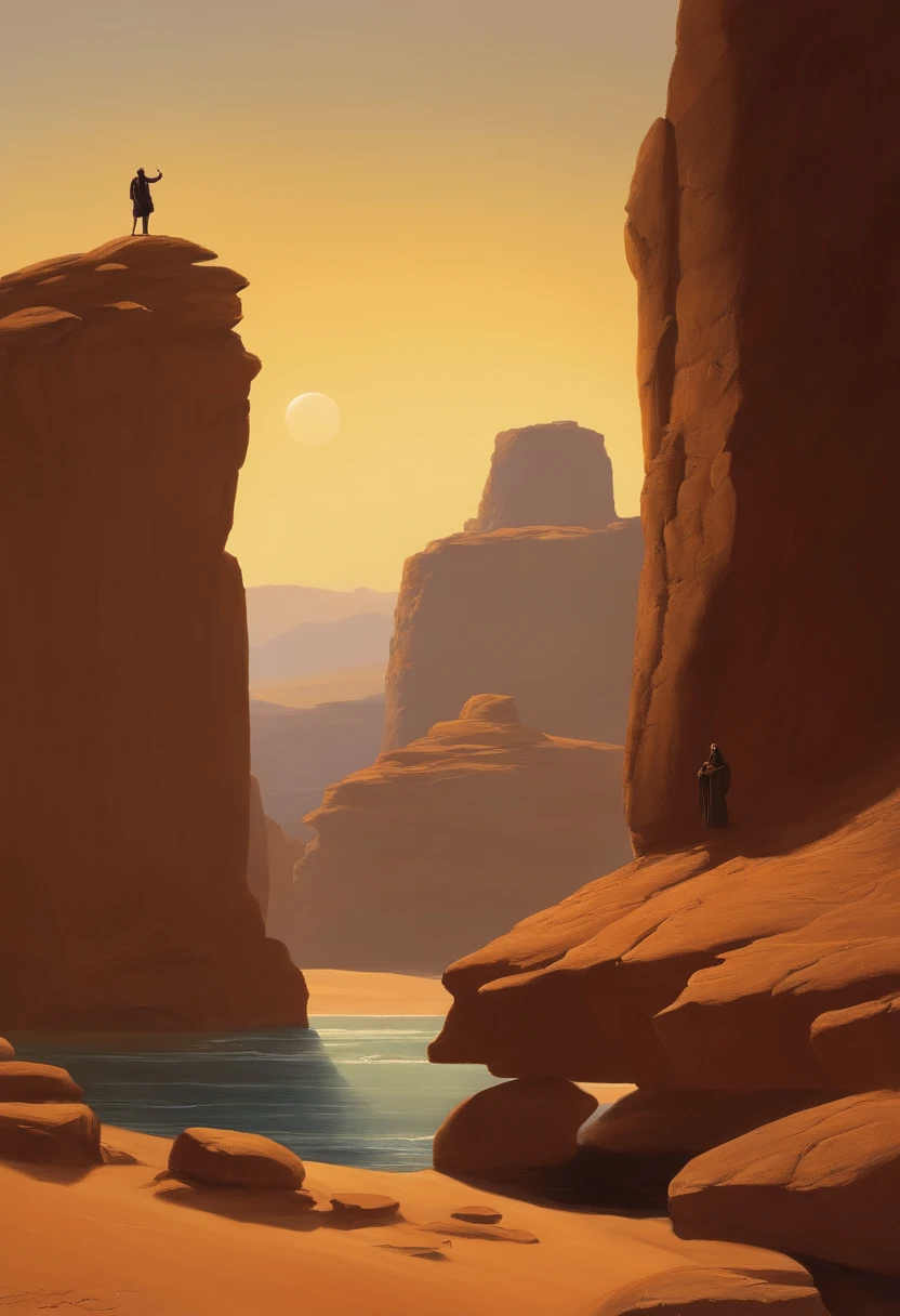 There is a man sitting on a rock in the desert, orando r inspirado em , Papel de parede - 1 0 2 4, the wise man is riding on top, Sufismo, inspirado em Arkhip Kuindzhi, Vereshchagin, George Clinton, an arab standing watching over, sentado em uma rocha marciana, inspirado em Michael Whelan