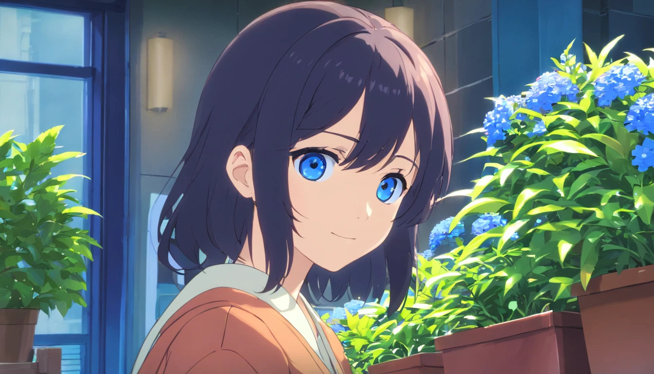 (Clean, (Masterpiece), Very high quality, Broad lens，professional, Highly detailed, hdr,hyper HD,16k), Flower shop，Lots of potted plants，Lots of bouquets，Cute and lively girl making bouquet，full bodyesbian，A smile on his face，The windows let the sunlight in， Solo, Take a flower pot，Long black hair, Wavy hair, bangs, Expressive eyes, (Dark blue eyes:1.5), Perfect face,