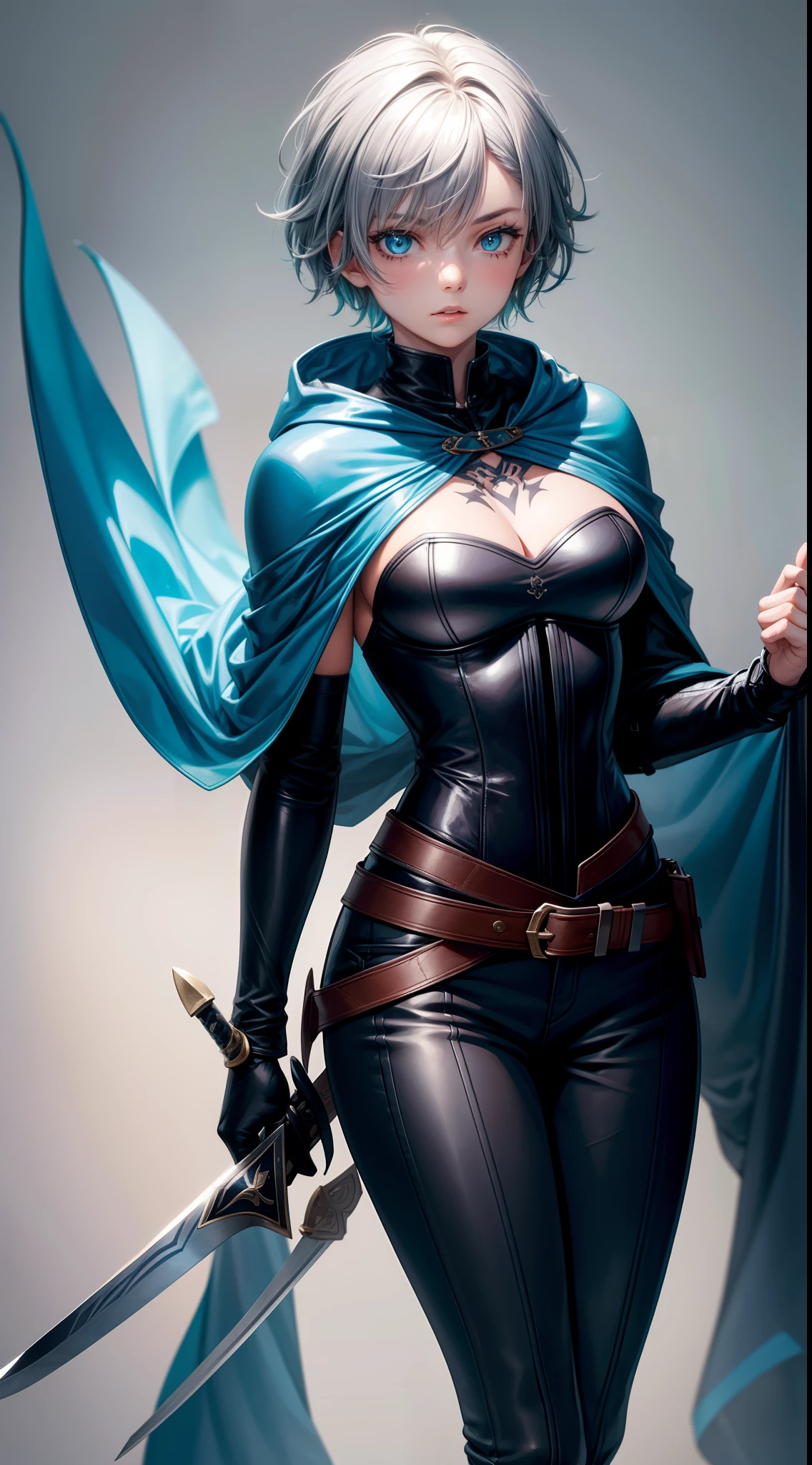 young girl, short gray hair, tomboy, Cyan eyes, Scars, Tatoo, Blue leather cloak, breeches, two swords, open breasts, Masterpiece, hiquality, 4k, HD, Good detail