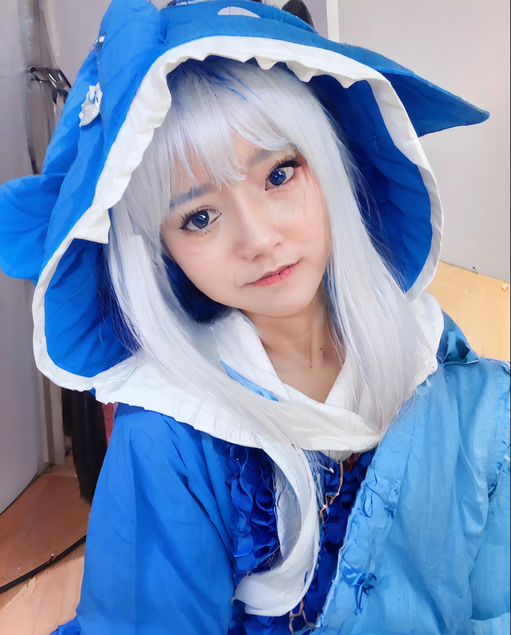there is a girl with a blue hat and a blue dress, anime girl cosplay, anime cosplay, anime girl in real life, cosplay, cosplayer, with white long hair, with blue skin, anime inspired, blue-white hair, cosplay photo, with blue hair, professional cosplay, blue shark, ahegao, cosplayer dressed like a crab, beautiful blue haired girl