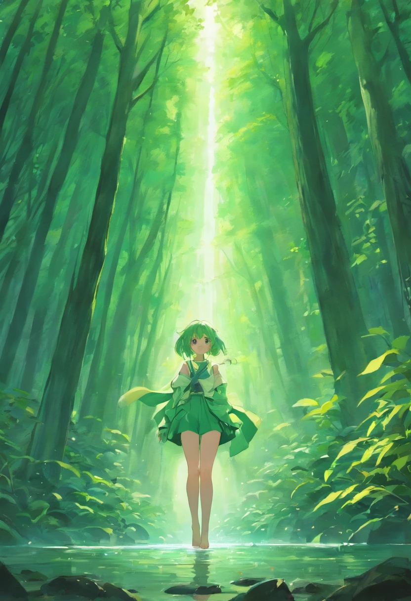 In the valley, a hidden waterfall tumbles down from a lush, emerald-green forest, its waters sparkling in the first light of day.