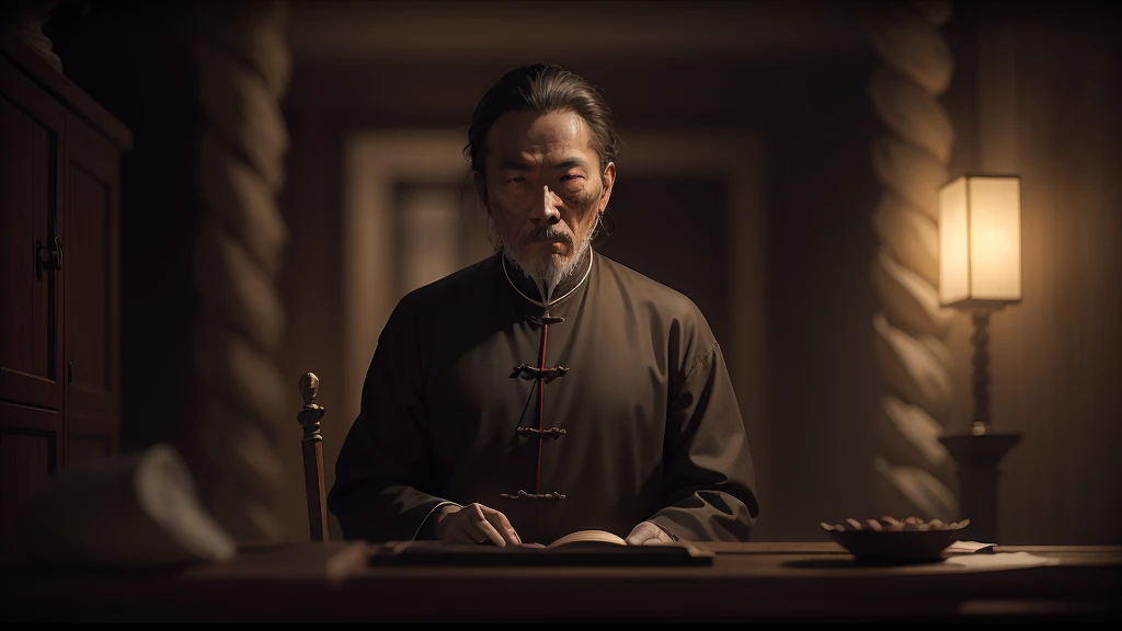 Horror movie atmosphere,A Chinese Taoist priest,is talking to you,Dim Room,Tai Chi gossip,Mahogany sword,Rune paper, the rule of thirds, Tonal color scheme, pale brown, Contemplative silence, Bokeh, Mystery, Horror, unholy, eerie, Creepy, Moody lighting, In the style of Denis Villeneuve, cinematic Film still from, cine still 800