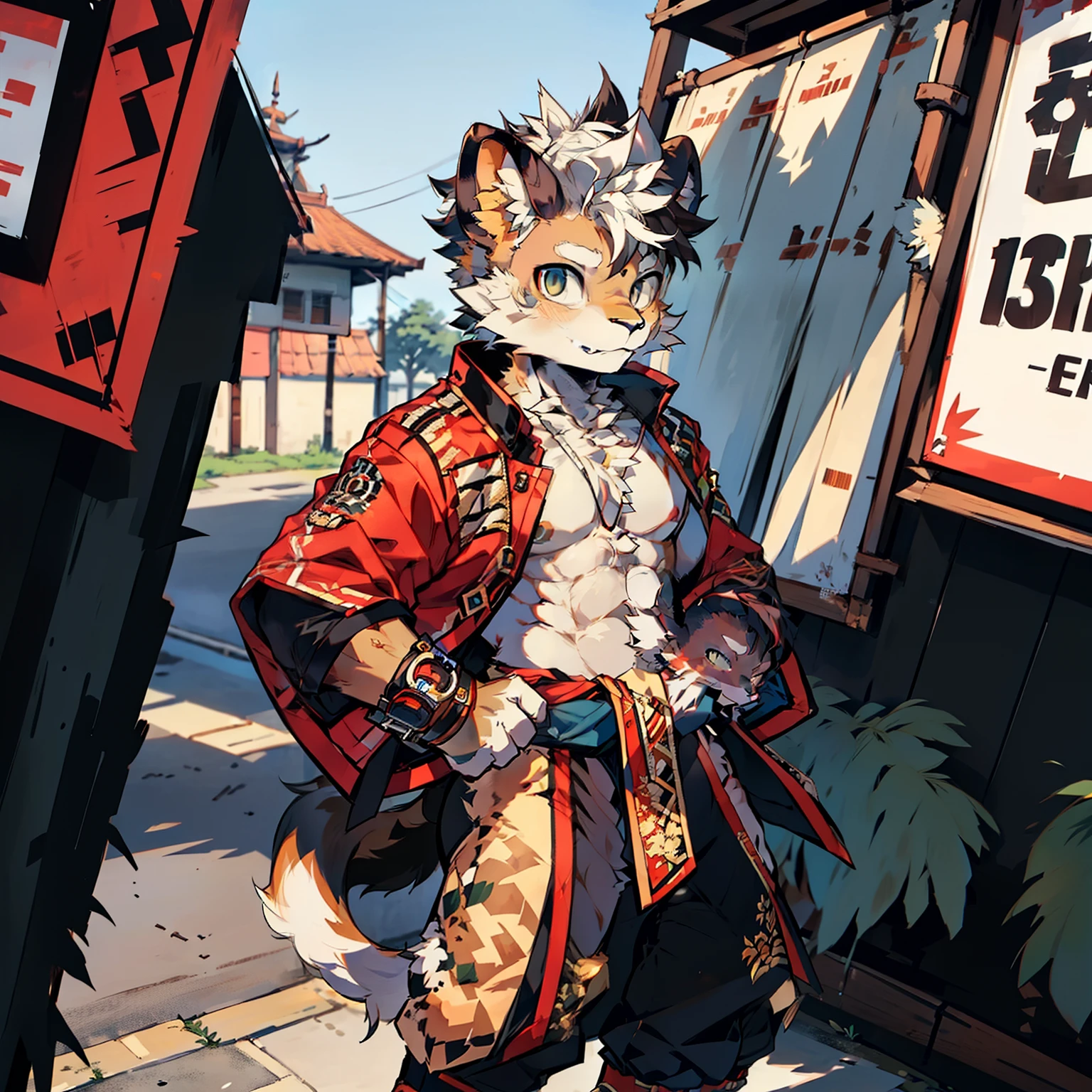 Best quality, Young, 15 year old, Furry, Solo, Male Lion: 1.5, Muscular body, Abs, Wearing Muay Thai Style Clothes, Topless, Standing in the street of Thailand, Mohawk hair, Detailed fur, Detailed cloths, Thailand.