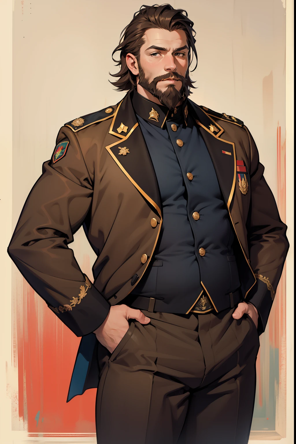 Portrait of a man in his 40s、is standing、red-brown short hair、a beard、sideburns、Russian gendarmes、brown school uniform、gay、Fat、End of 19th century、Ilya Repin