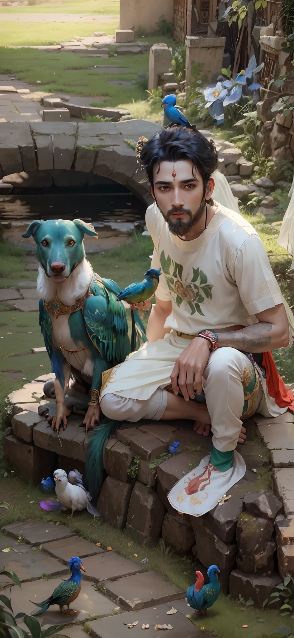 God Krishna sitting on grass playing with peacocks with dog's 4k HDR realistic