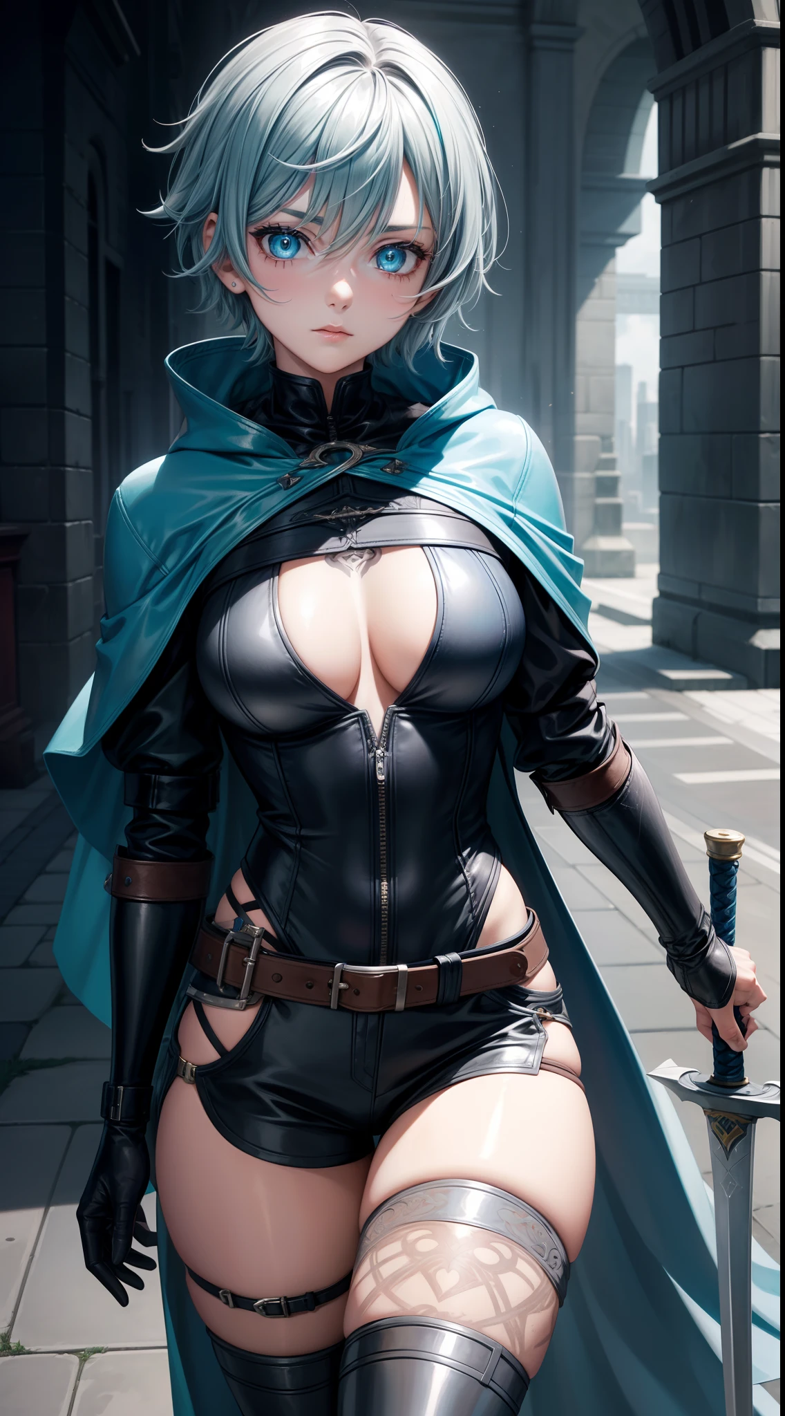 young girl, short gray hair, tomboy, Cyan eyes, Scars, Tatoo, Blue leather cloak, breeches, two swords, open breasts, Masterpiece, hiquality, 4k, HD, Good detail