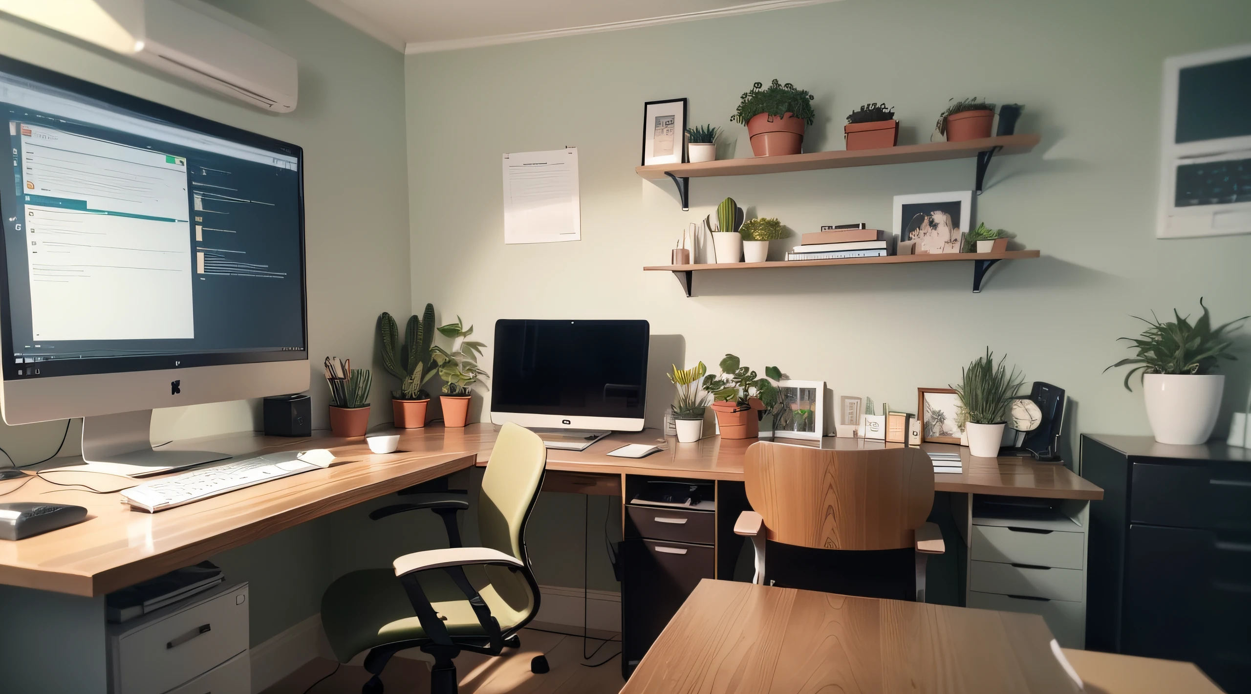 Showcase a minimalist, clutter-free desk with a high-end computer setup (laptop or desktop) and a modern office chair. Incorporate your company's logo or branding subtly into the background, such as on the computer screen or a wall poster. Add a touch of greenery with potted plants or succulents placed strategically on the desk or shelves.