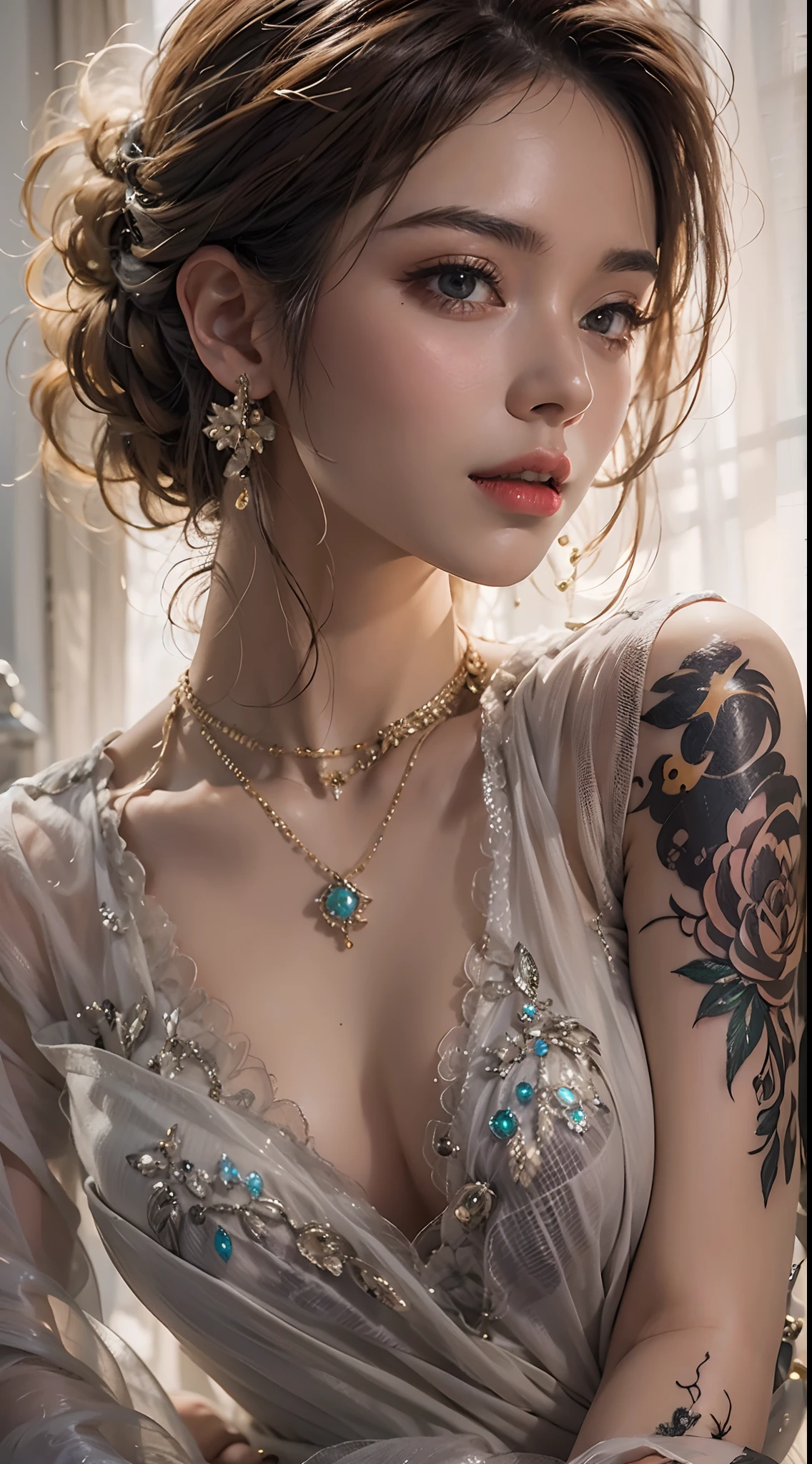 photorealistic, high resolution, soft light,1women, solo, hips up, (detailed face),tattoo, jewelry, long dress