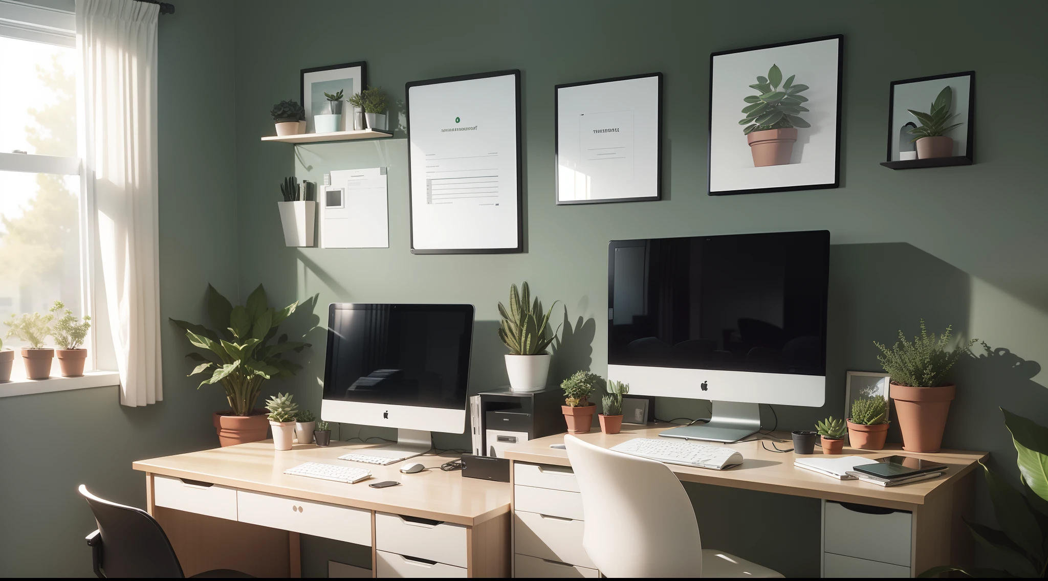 Showcase a minimalist, clutter-free desk with a high-end computer setup (laptop or desktop) and a modern office chair. Incorporate your company's logo or branding subtly into the background, such as on the computer screen or a wall poster. Add a touch of greenery with potted plants or succulents placed strategically on the desk or shelves.