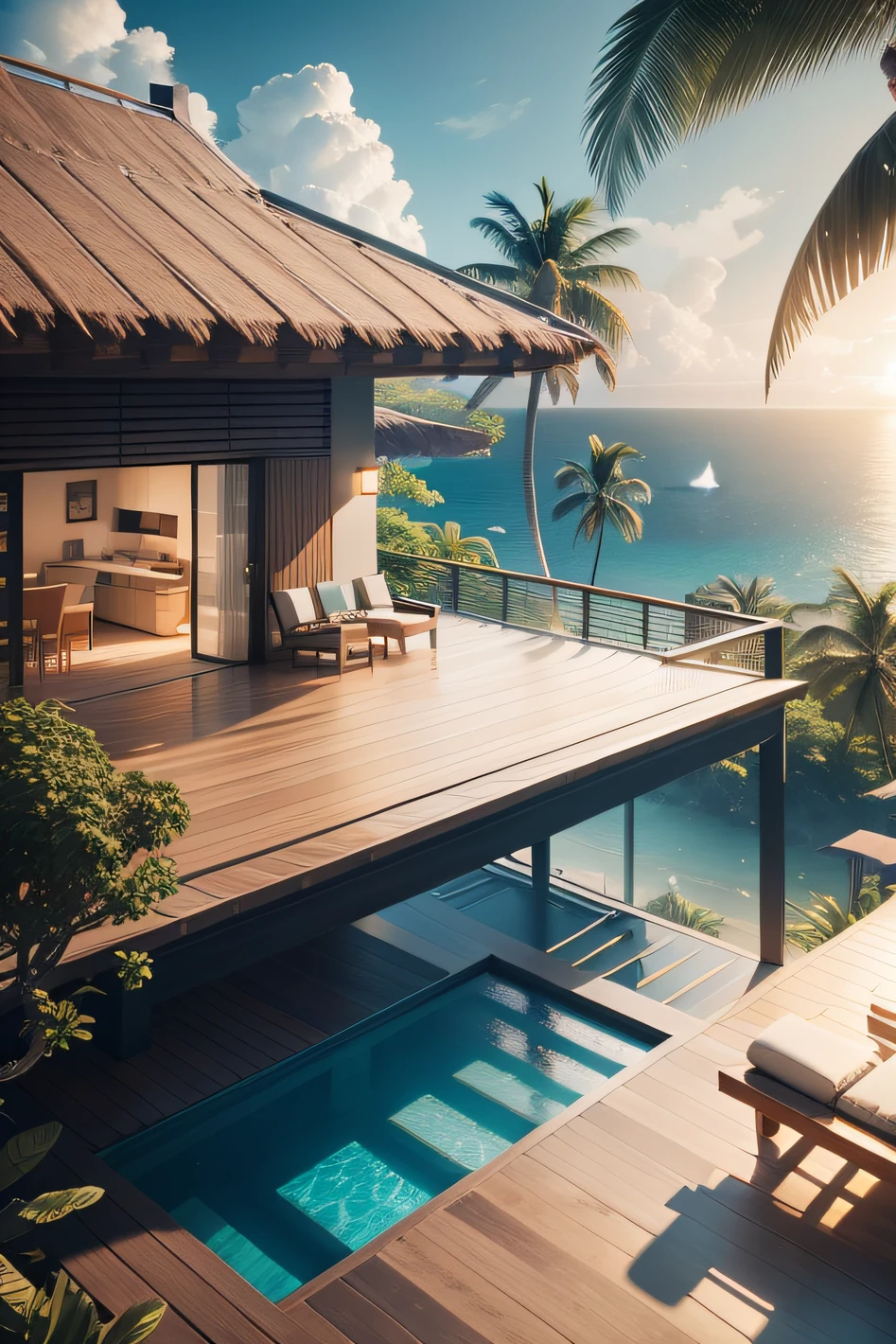 Architectural project for 2 floors, sea view, coconut trees, light tones, wooden deck, infinity pool on the roof, garden with direct access to the beach, hyper realistic 4k, god rays, post-processing, studio lighting, unreal engine 5, octane render