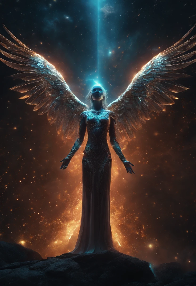 Cosmic Fallen Angel, glowing light eyes, Biomechanical, eerie, Creepy, nightmarish, Very bright colors, Light particles, with light glowing, Mshiff, wallpaper art, UHD wallpaper