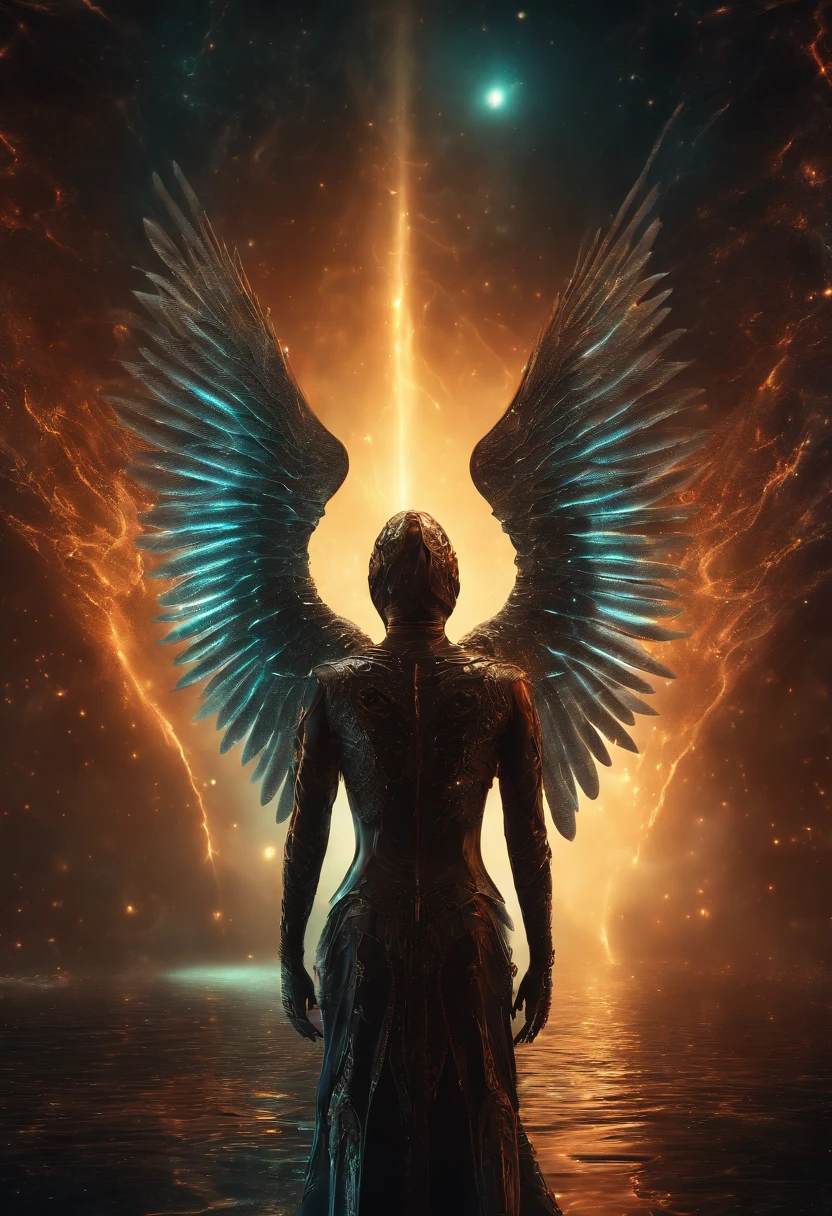 Cosmic Fallen Angel, glowing light eyes, Biomechanical, eerie, Creepy, nightmarish, Very bright colors, Light particles, with light glowing, Mshiff, wallpaper art, UHD wallpaper