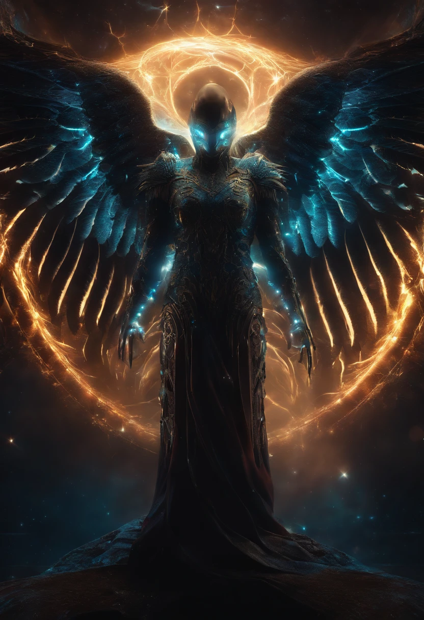 Cosmic Fallen Angel, glowing light eyes, Biomechanical, eerie, Creepy, nightmarish, Very bright colors, Light particles, with light glowing, Mshiff, wallpaper art, UHD wallpaper