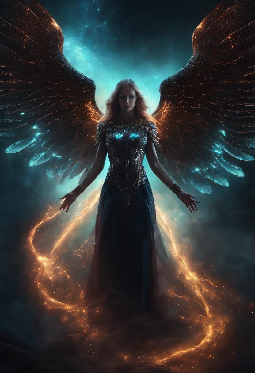 Cosmic Fallen Angel, glowing light eyes, Biomechanical, eerie, Creepy, nightmarish, Very bright colors, Light particles, with light glowing, Mshiff, wallpaper art, UHD wallpaper