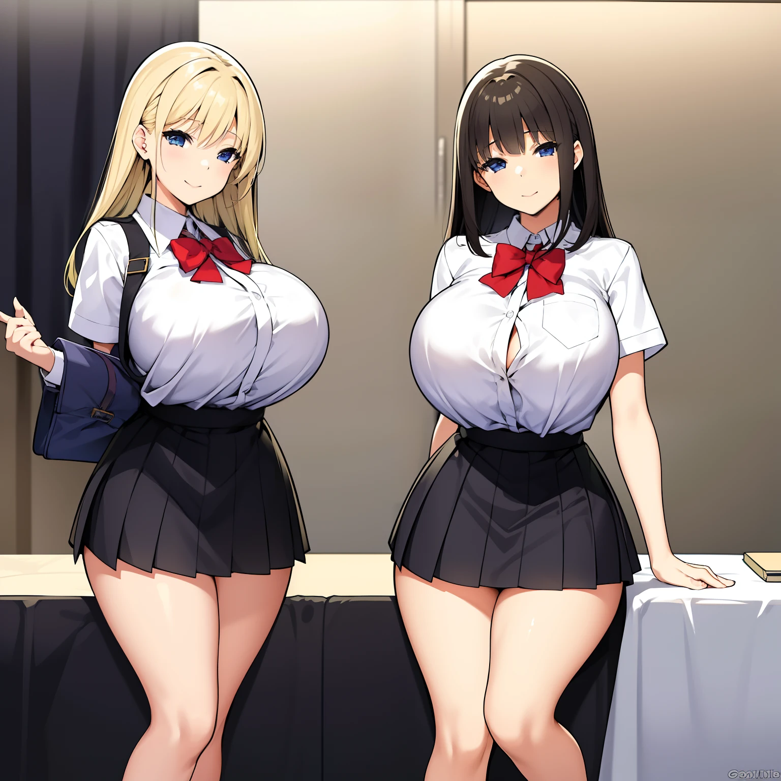 2girls，female high-school student，White student uniform，huge tit，ssmile，Be red in the face