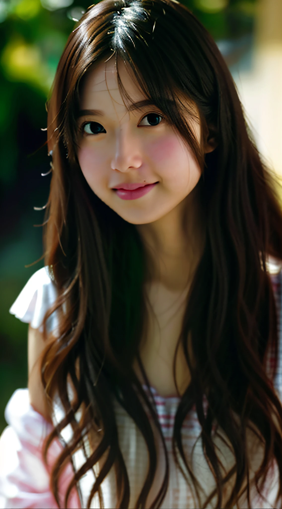film portrait photography, 1girl, Wavy shoulder-length hair, peacful, serenidade, (Realistic detailed eyes, Natural skin texture, Realistic facial details),Sweet smile, Soft dramatic lighting, depth of fields, bokeh, vibrant detail, finedetail, hyper realisitc, 35mm film, Hazy and blurry, cinematic ligh,