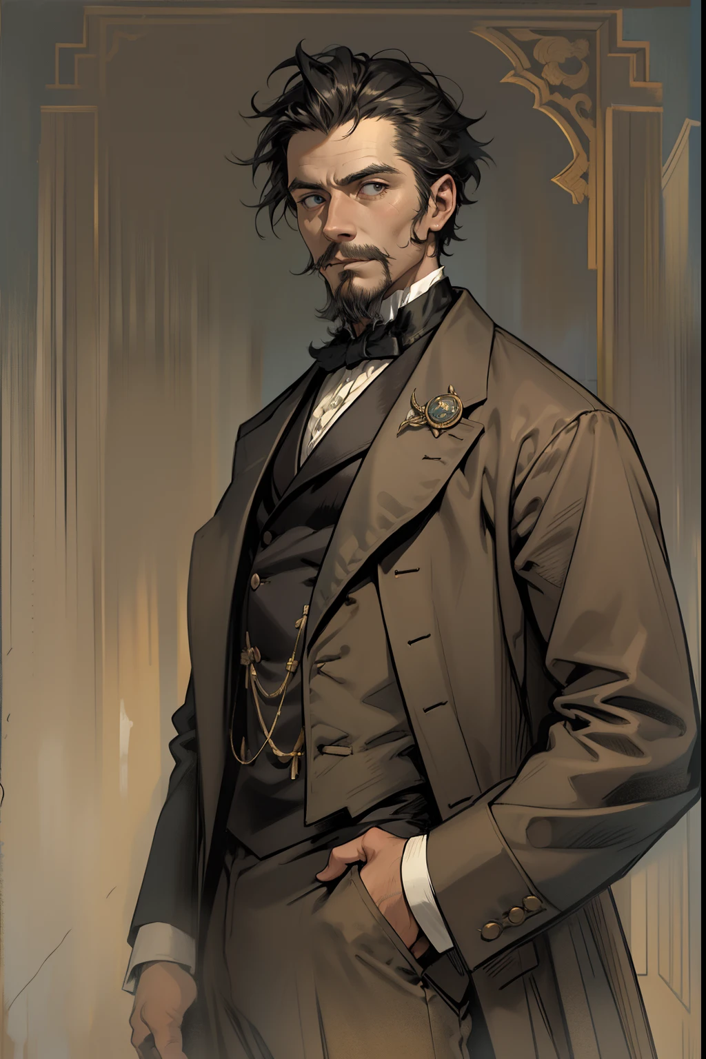 Portrait of a man in his 30s、is standing、eye glass、A dark-haired、Long body、large build、Stocky、bony、tailcoat、End of 19th century、Ilya Repin