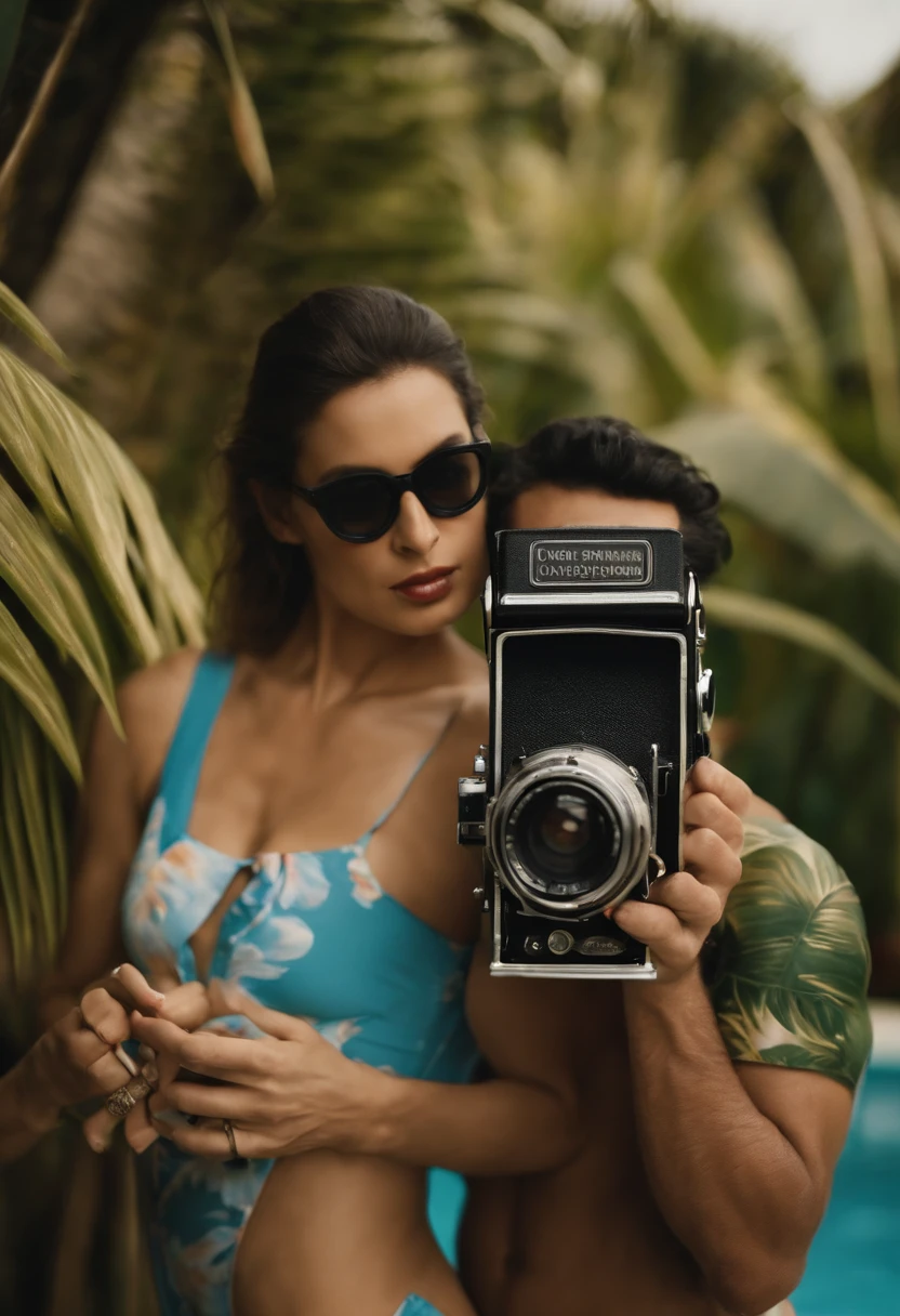 man holding digital single lens camera and woman wearing a swimsuit, in the style of george stefanescu, exotic atmosphere, photo taken with provia, babycore, strong diagonals --ar 4:3