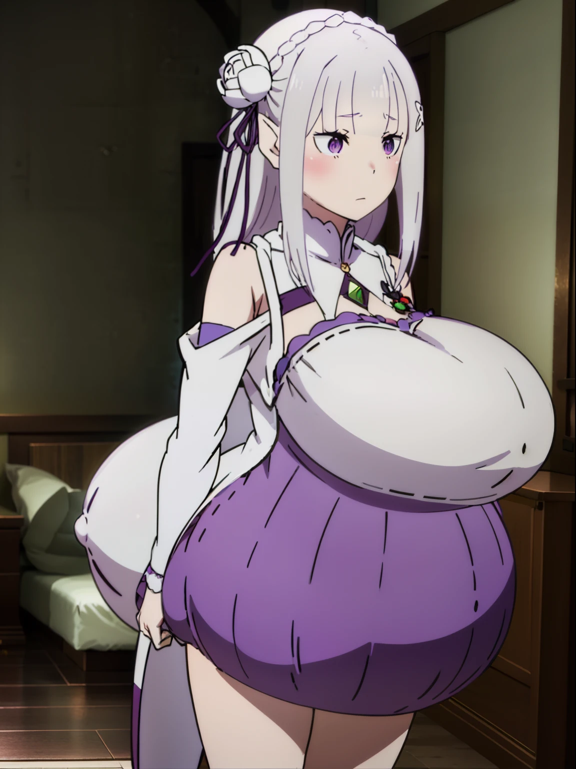Emilia from re zero, Big Bump pregnant, Purple school uniform, Big boobs, nipple, cum, Big Black Balloons,16 yl, Big pregnant Belly, Big Pregnant girl, Largest Belly of Pregnant, Huge Pregnancy, background hotel room,Huge 9 months Pregnancy Belly, purple eyes, white hair