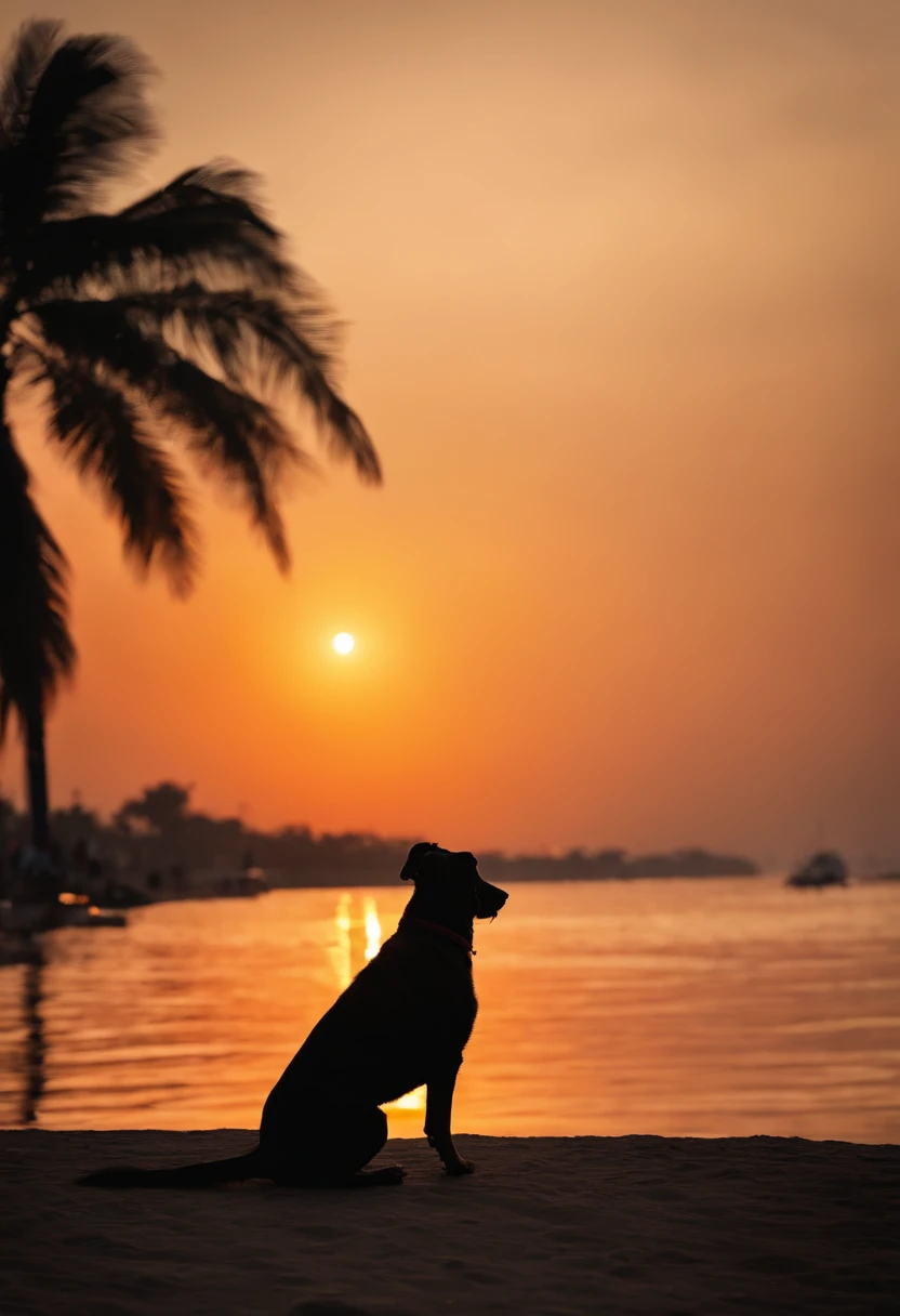Dog looking sunset in Marine drive hyper realistic dark colour background