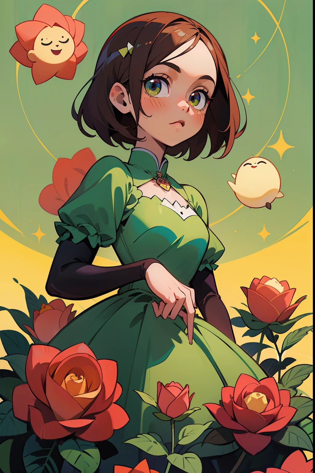 (melhor qualidade, obra-prima), 5 garotas, anime, garota, papel de parede, jardim, purpurina, vestido, Particle, vento, rosas, rosto, fundo claro simples, olhando para o espectador, morena.