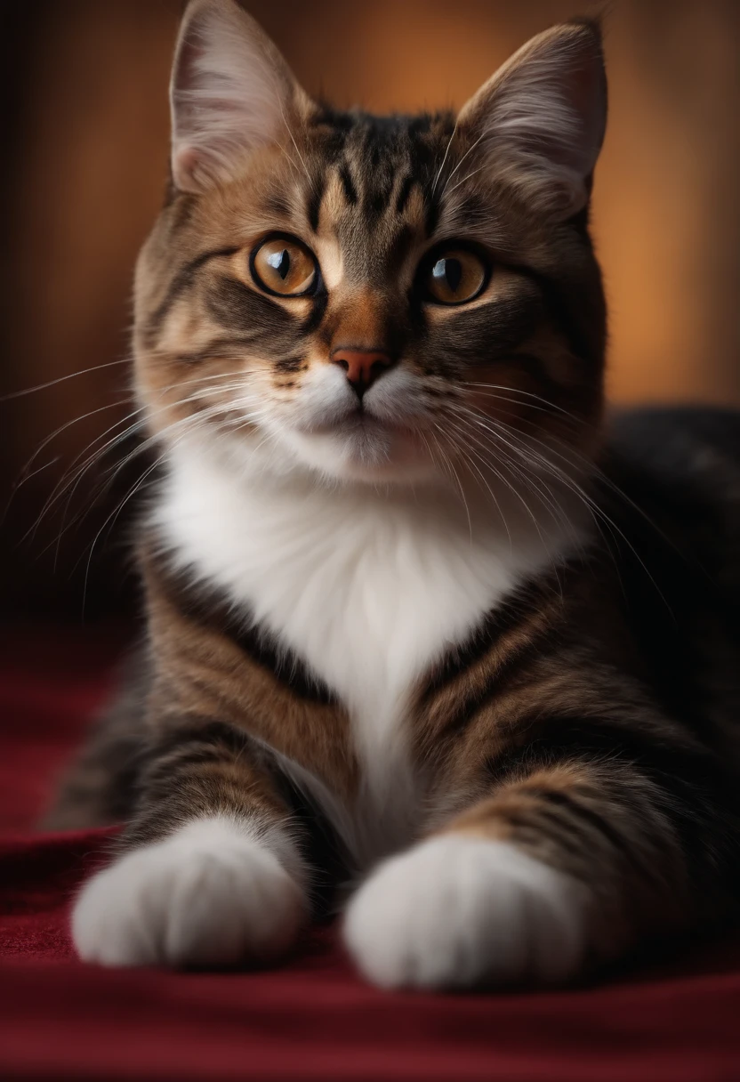 Cat cute picture realistic and saying hello dark background red carpet
