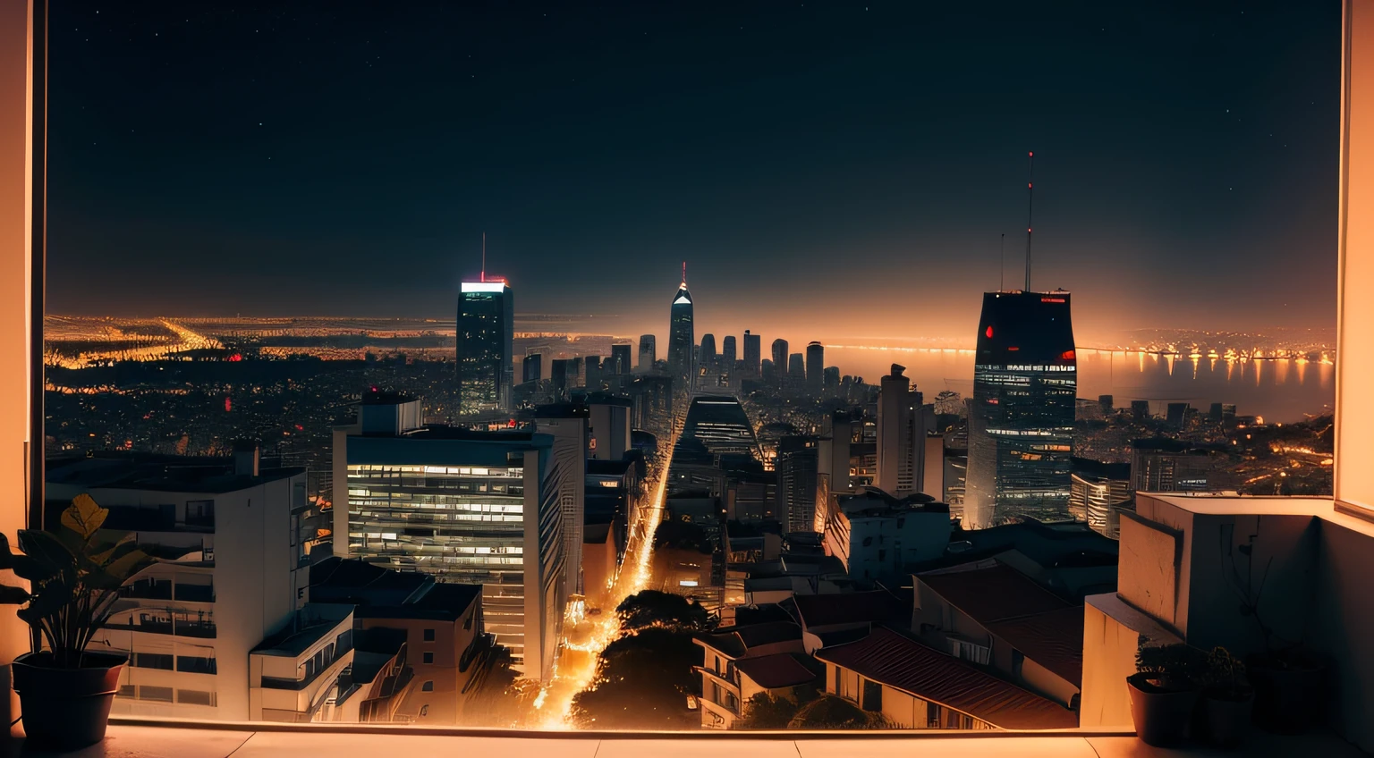 cenario cidade a noite estilo lofi, olhando a cidade da janela do quarto