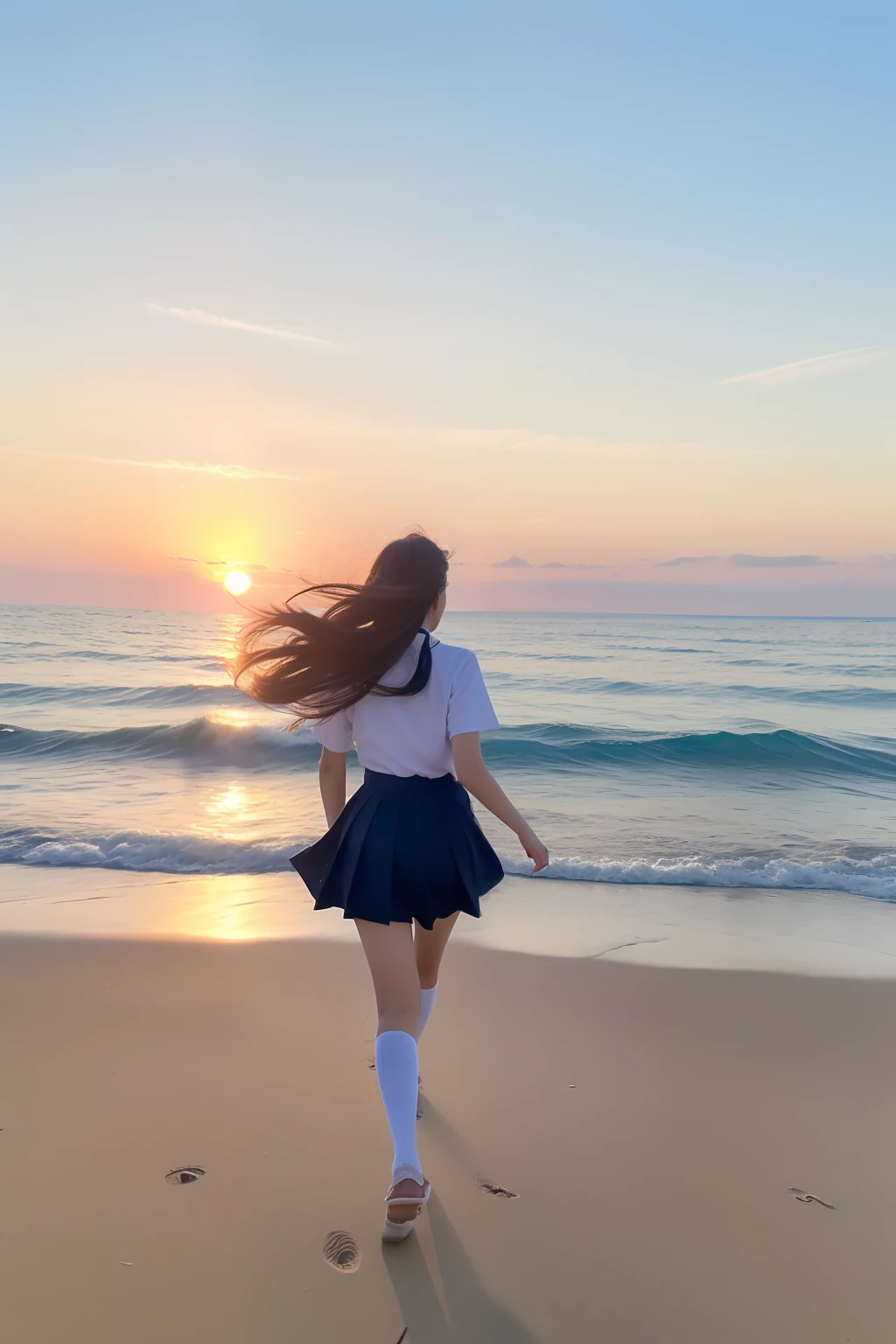 (top-quality、8K、32K、​masterpiece）Beautuful Women、in school uniform、Sunset,sea side、Hair fluttering in the wind、Walking along the sandy beach、Rear view