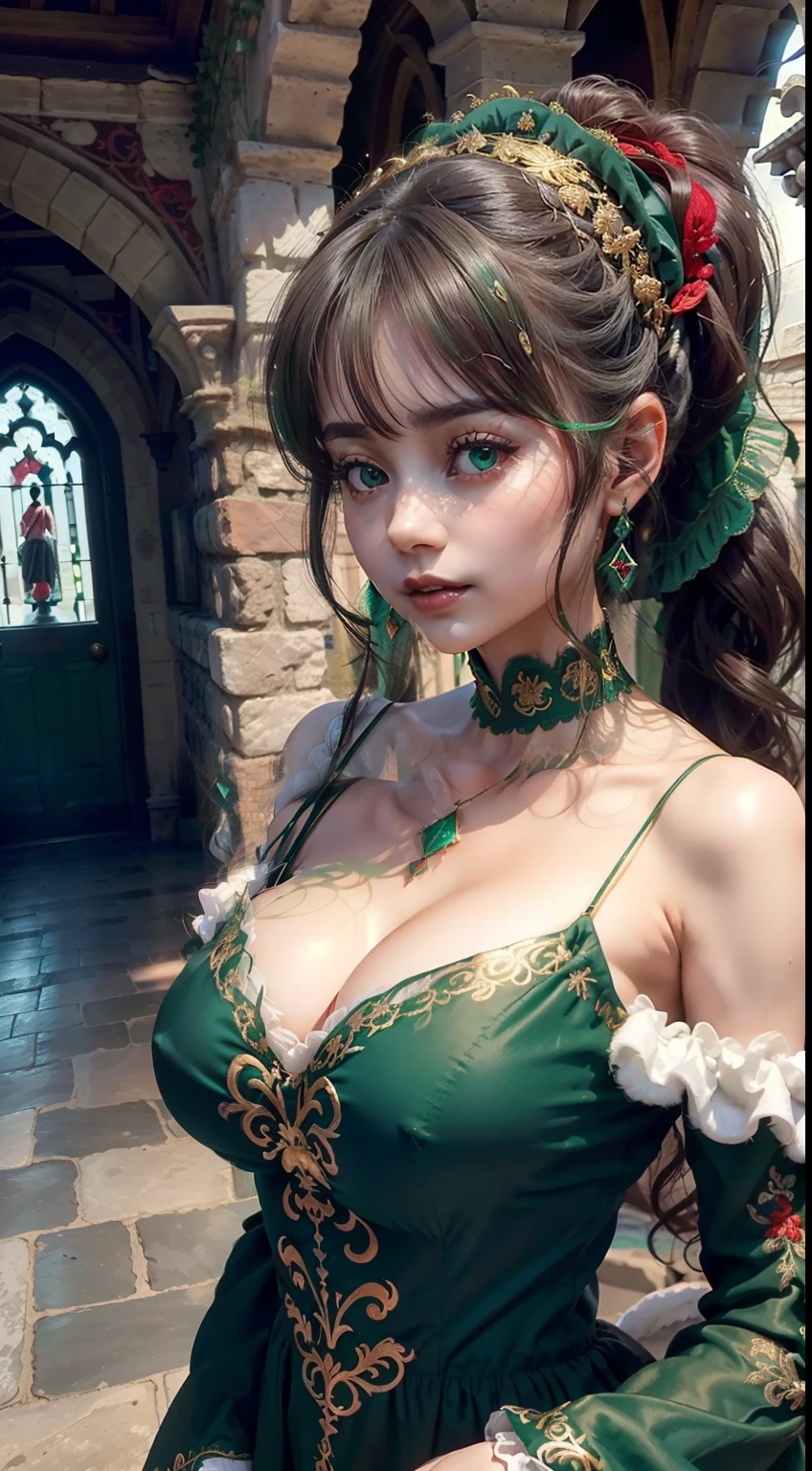 Left and right symmetrical eyes,Eyes are balanced left and right,((Transparent emerald green gothic type long dress(Gold and red three-dimensional embroidery,White decoration))),​masterpiece, top-quality, 超A high resolution,8K,32K,1girl in,Girl walking in stone corridor in medieval Europe, (Photorealsitic:1.5), natural soft light, beautiful countenance,Gentle face, 年轻, Detailed eyes and lips, Detailed skin and fabric texture,((curlyhair, cabelos preto e longos,High Up Ponytail,Cute big white ribbon on ponytail)), (((Tube Top,off shoulders,v neck,Emerald Green Silk Fluffy Long Dress、White decoration))),adolable, striated hair,kindly smile, red necklace,a choker, is standing, Teen, japanaese girl, (((Inside a castle in medieval Europe、((Emerald green fluffy long dress)),(Colossal tits:1.3,cleavage of the breast,Sensual body lines,Gothic lolita)))),Poses in motion(Walk gracefully),dynamicposes,dynamic ungle,Background with(stone pavement、Stone corridor,Inside a castle in medieval Europe,Rococo style,gothic styles,Brick building)