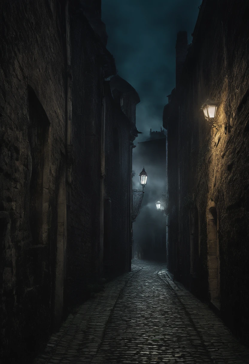 In the dimly lit alleys of an old European city, Weathered, Ornate street lamps cast a warm glow on the cobblestone paths. Lonely girl，scantily clad，large bust，with piercing green eyes, It perches on mossy stone walls, Intently looking at a mysterious figure, Hooded cloak law, Carrying a lantern that emits strange blue light. The narrow alleys are lined with old alleys, crumbling buildings, Their windows are decorated with colorful flower boxes. In the distance, A faint sound of beautiful music wafted out of the open window。.