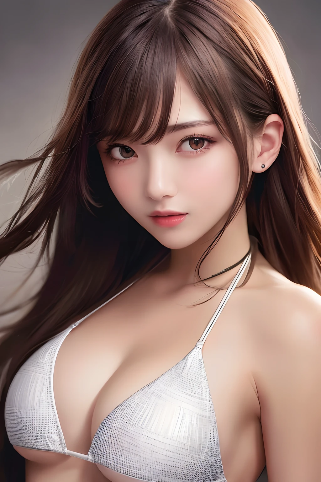 High resolution, extremely detailed photo, 8k full color, Upper body, (girl with), detailed medium breasts, cleavage, beautiful detailed face and eyes, detailed shoulders, detailed bust, Dynamic hairstyle, (wearing dynamic bikini:1.5), Professional Lighting, Best Quality