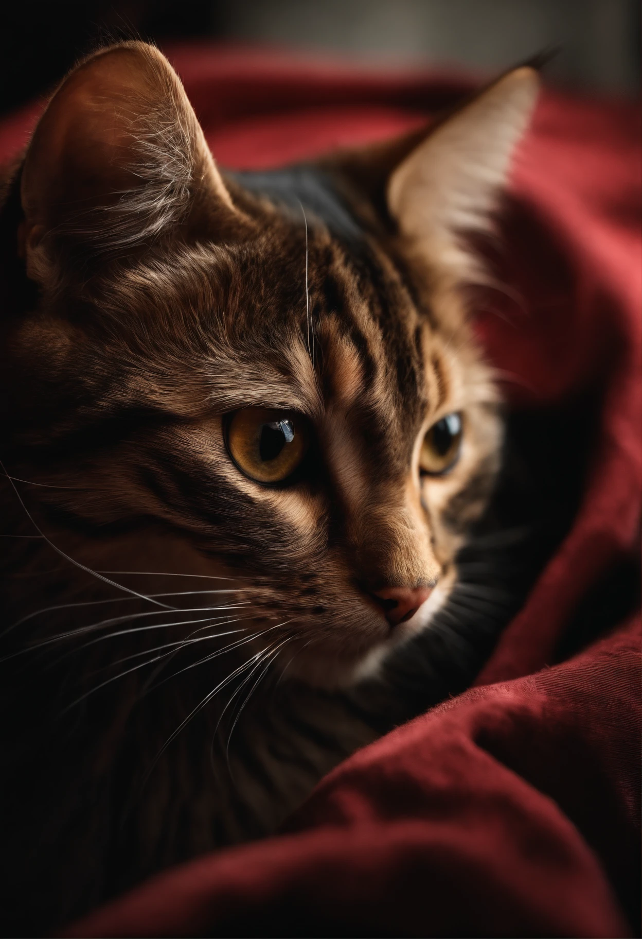 Cat cute picture realistic and saying hello dark background red carpet