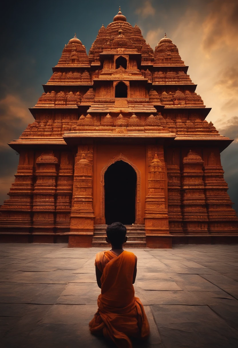 Boy looking ram mandir hyper realistic dark colour background