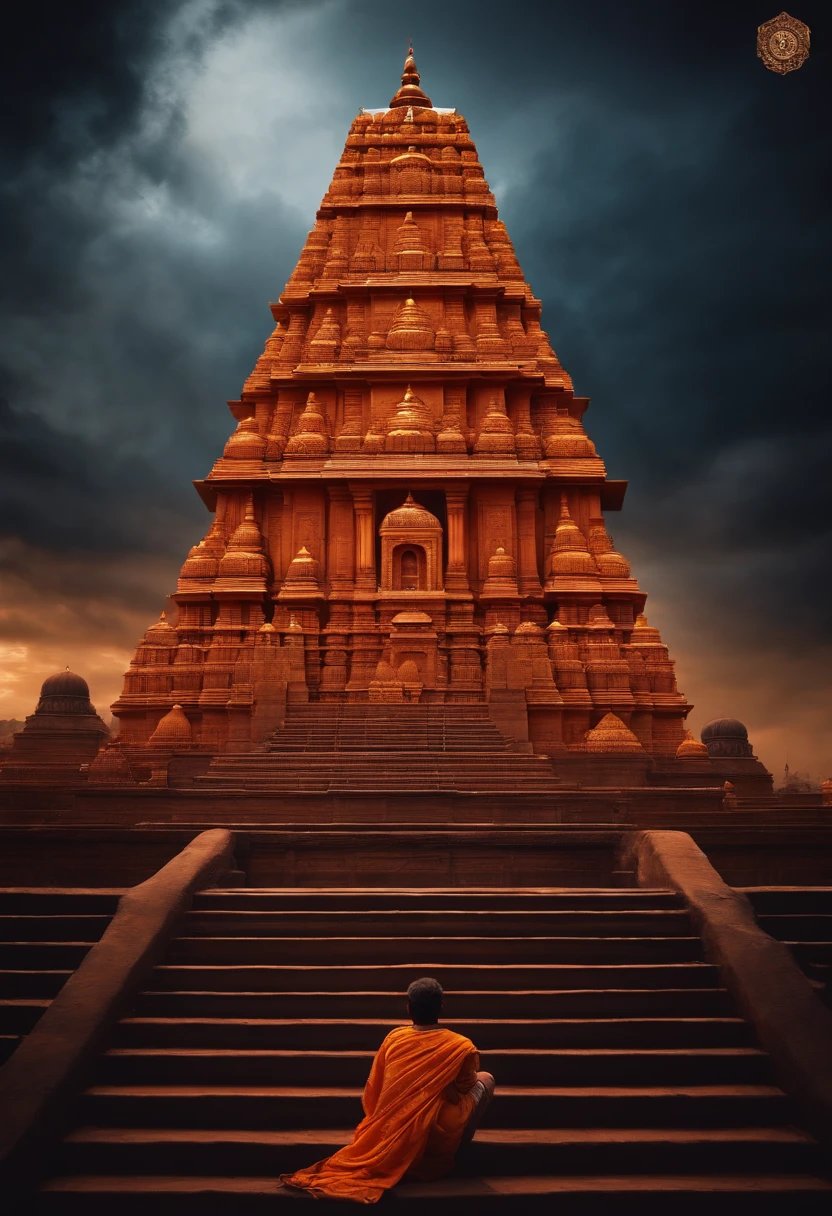 Boy looking ram mandir hyper realistic dark colour background