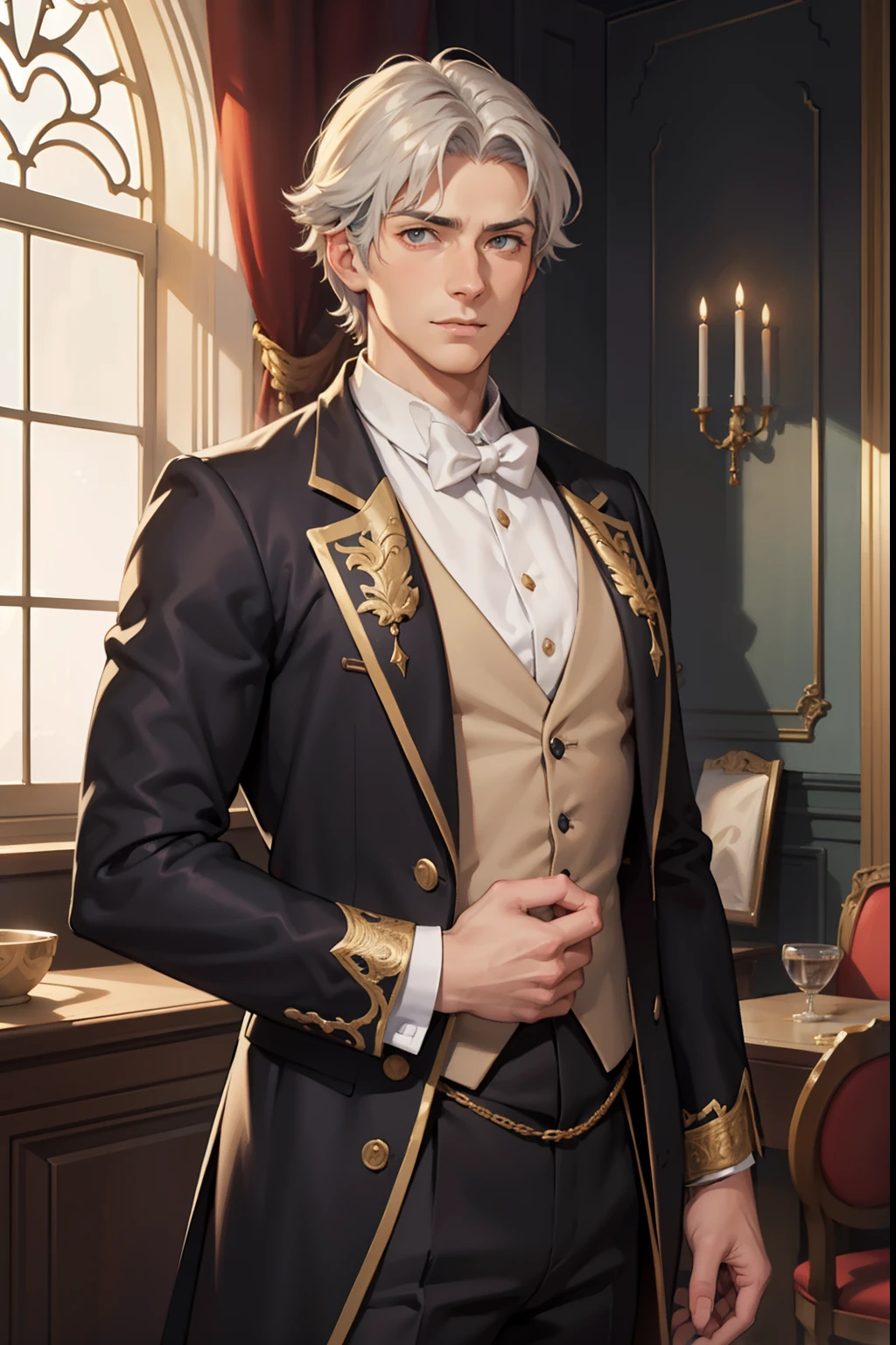 Portrait of a man in his 40s、is standing、silber hair、twinks、Long body、Embassy staff、Game Graphics、End of 19th century、white backgrounid、Ilya Repin