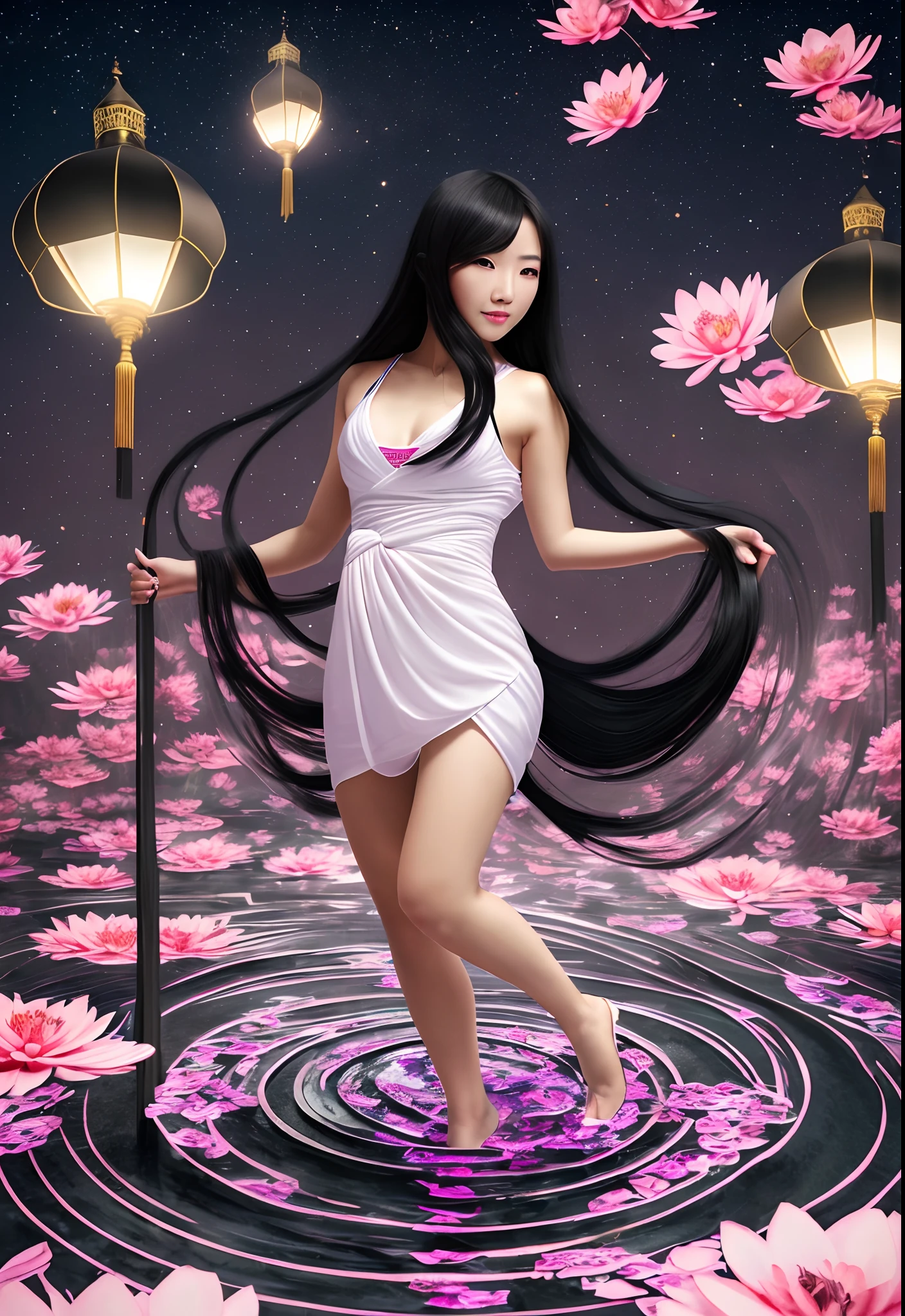 Medium shot angle of a beautiful Chinese woman standing on top of water with red lamps floating in the sky, night time the red lamps shining light in the scene, with iridescent light, highly detailed images, vibrant beautiful colours, photorealistic image, 32k, ultra HD, unreal engine rendered, cinematic lighting, artgerm style, bright skin with completely black wavy hair, ultra sharp focus, realistic shot, (((black hair:1.2)))32K(tmasterpiece,k hd,hyper HD,32K)Long flowing black hair,zydink, a color, Xuzhou people, Chinese clothing, (Abstract watercolor splash:1.2),Pink and white lotus flowers fly(realisticlying:1.4),Black color hair, A high resolution, the detail, Sharp Re, Nikon D850 Film Stock Photo by Jefferies Lee 4 Kodak Portra 400 Camera F1.6 shots, Rich colors, --auto --s2