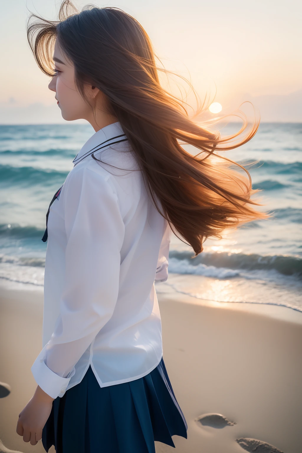 (top-quality、8K、32K、​masterpiece）Beautuful Women、in school uniform、Sunset,sea side、Hair fluttering in the wind、Walking along the sandy beach、Same woman、Rear view