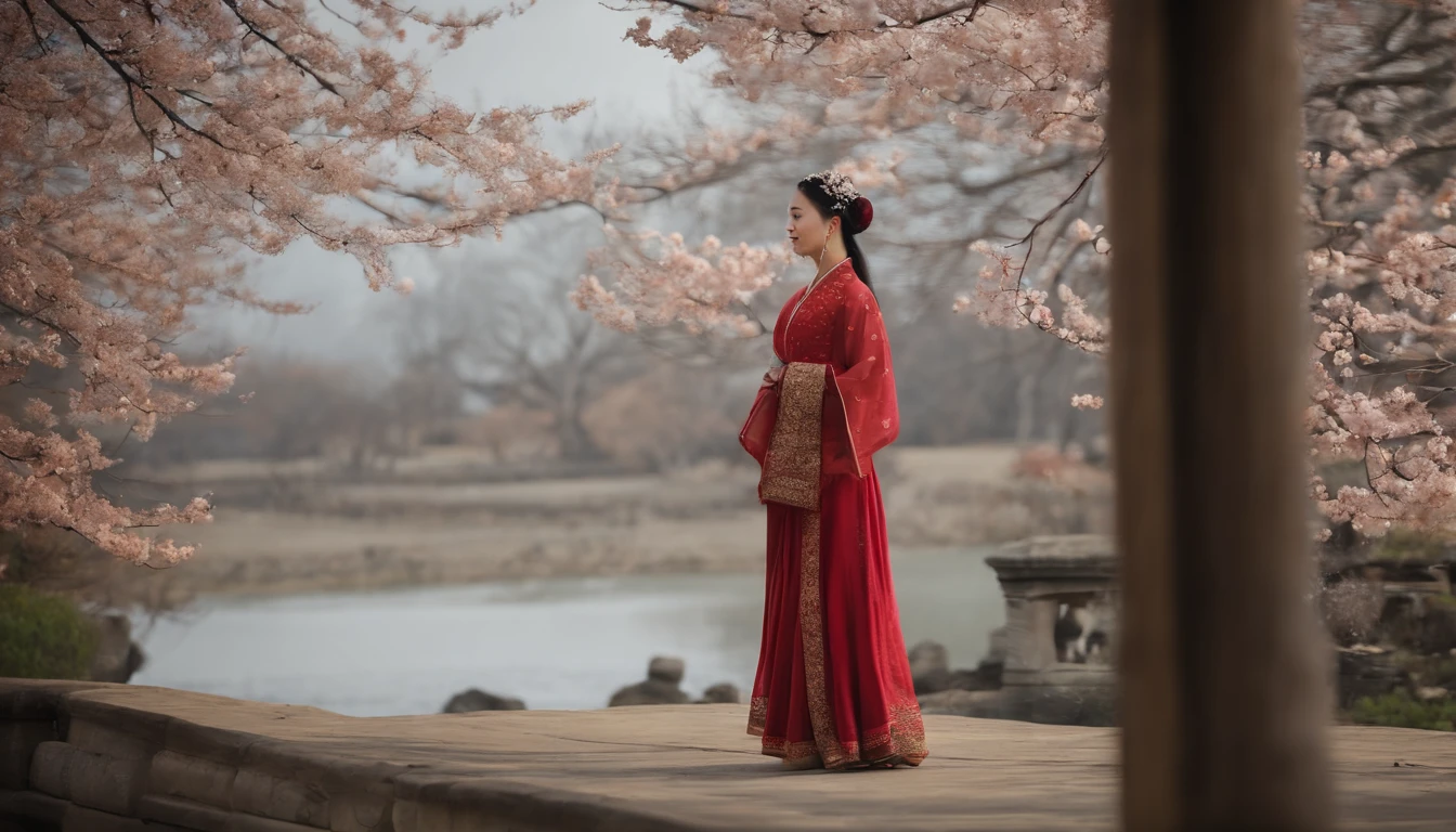 Chinese Song Dynasty beauty dancing in pants,The hands and face of this beauty are very delicate and clear。Stand in the middle of a quaint courtyard,Plum blossoms fall snowflakes,Morandi colors,电影灯光,wide angles,Ultra HD details,8K