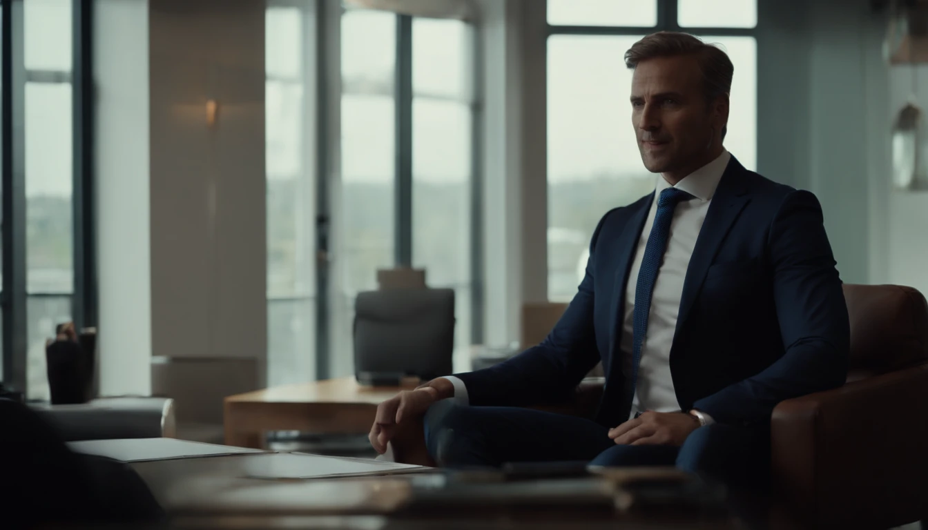 ((beste-Qualit, 8K, tmasterpiece :1.3)), A business man sits in an office, and speaks to his interlocutor