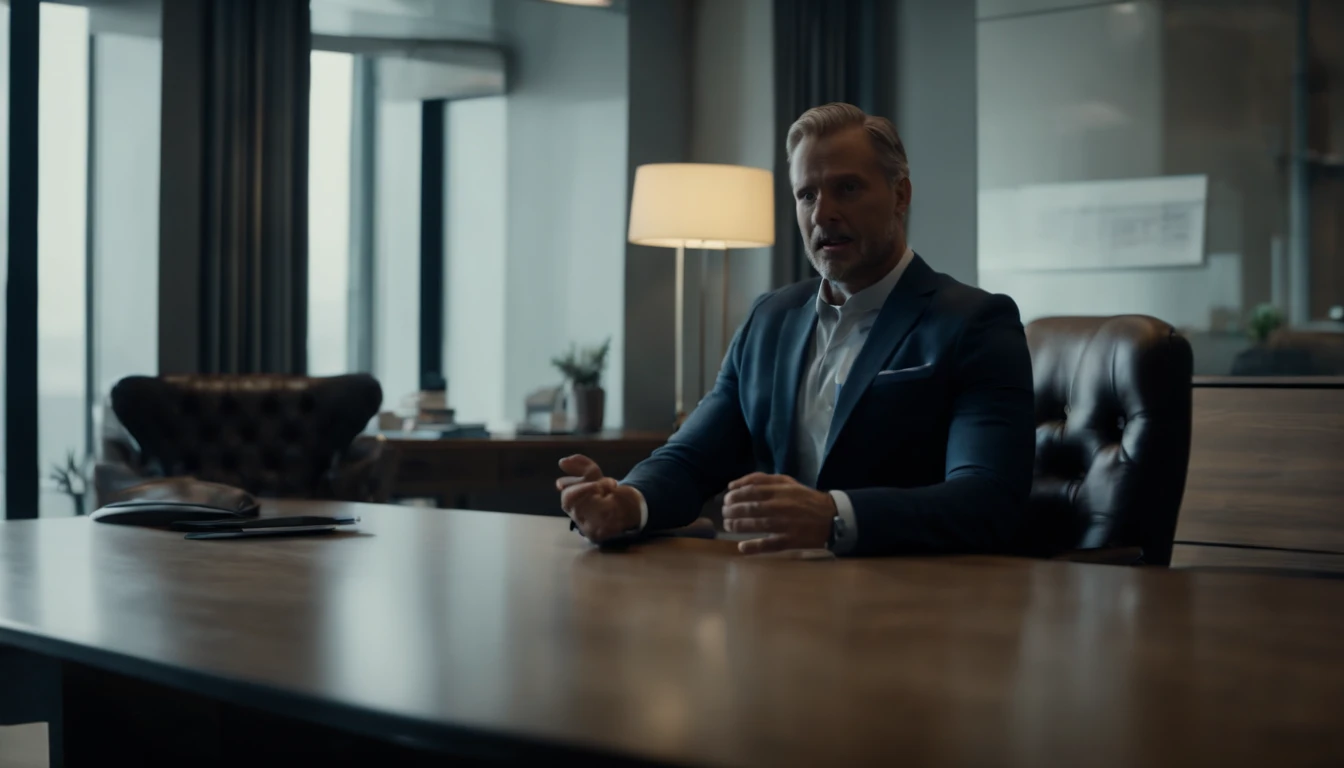 ((beste-Qualit, 8K, tmasterpiece :1.3)), A business man sits in an office, and speaks to his interlocutor