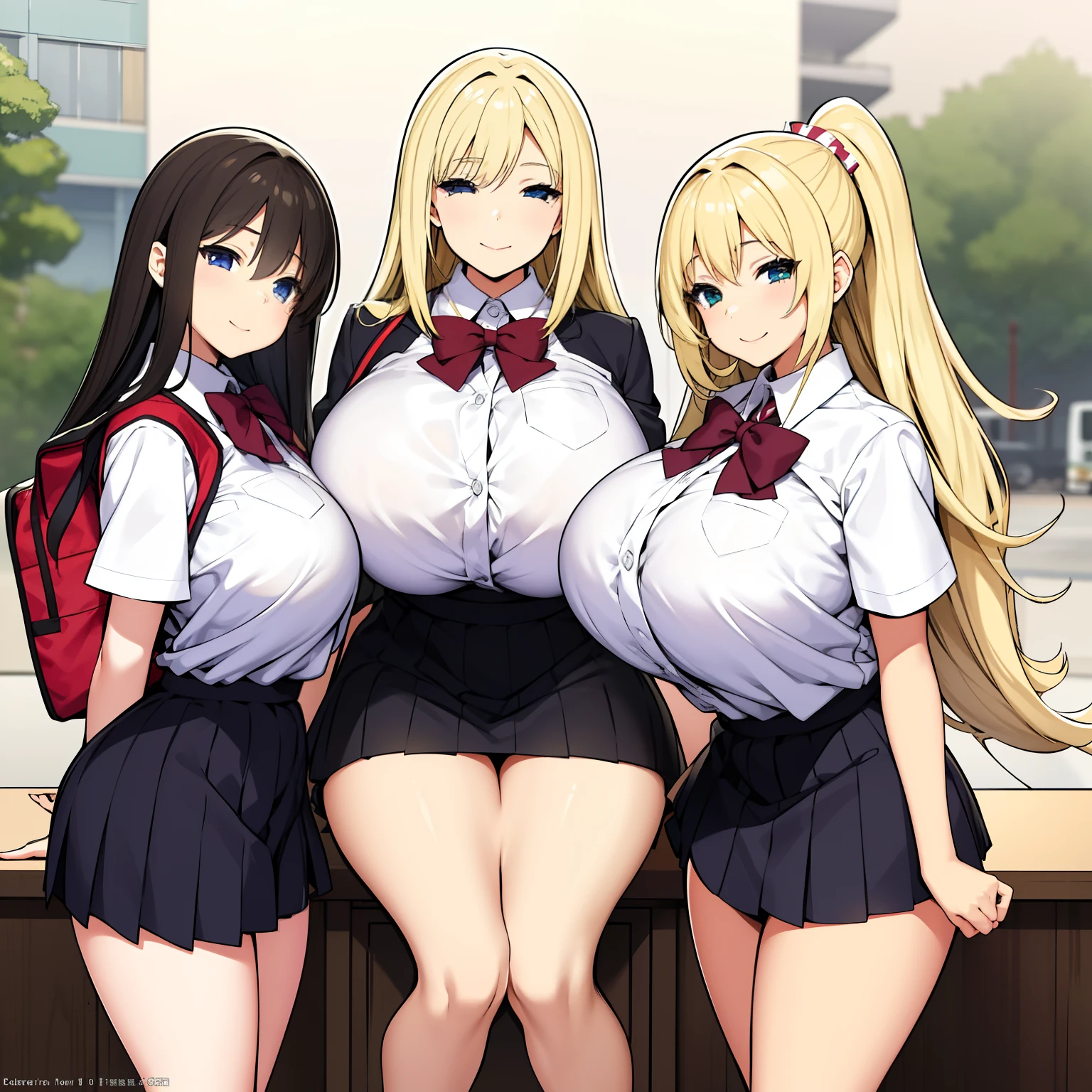 2 girls and 1 little boy，female high-school student，White student uniform，huge tit，ssmile，Be red in the face