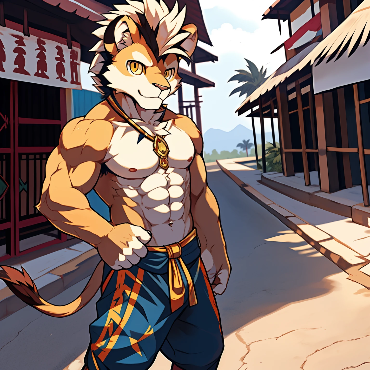 Best quality, Young, , Furry, Solo, Male Lion: 1.5, Yellow eyes, Muscular body, Abs, Wearing Muay Thai Style Clothes, Topless, Standing in the street of Thailand, Mohawk hair, Detailed fur, Detailed cloths, Thailand.