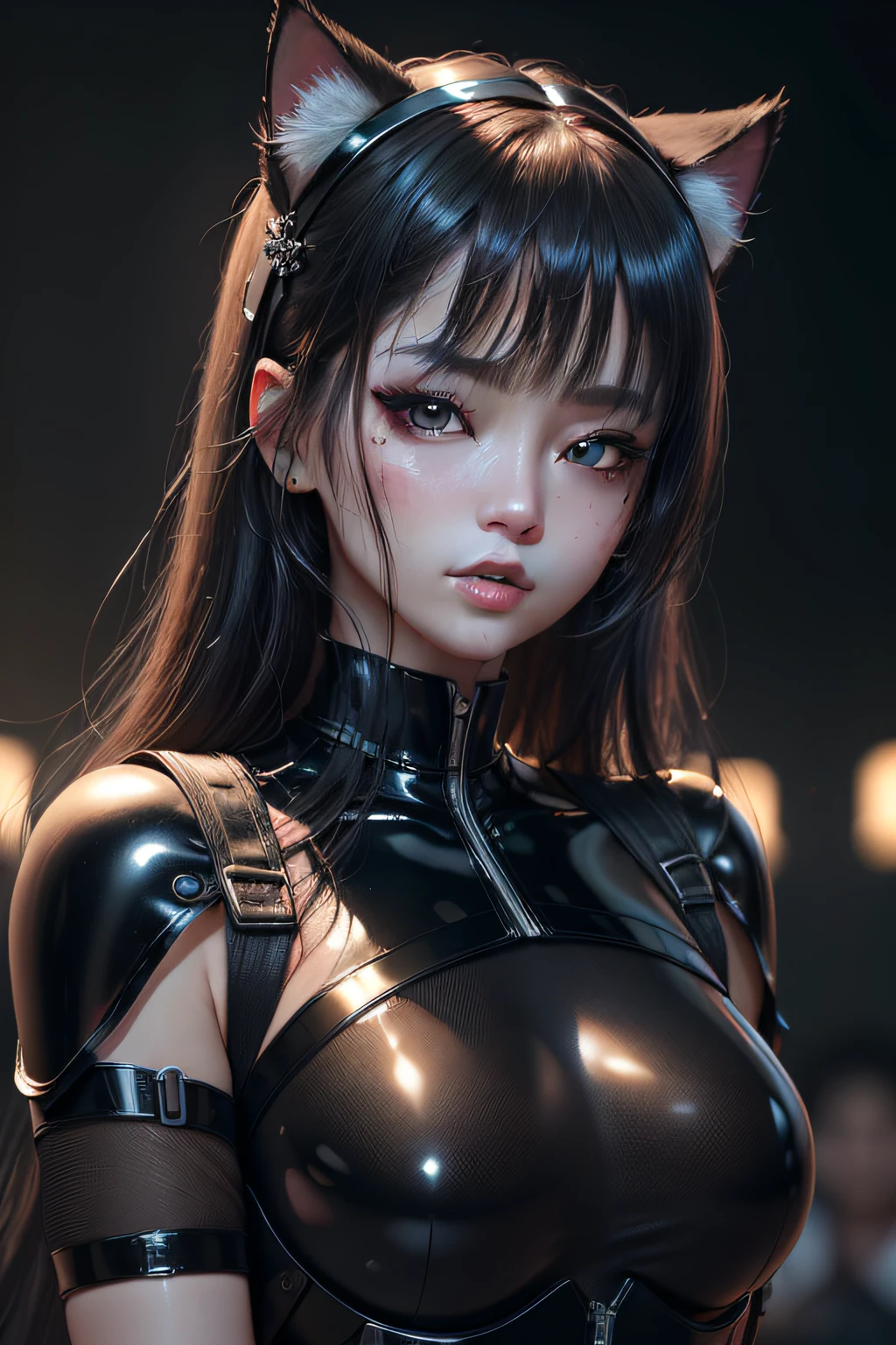 (8K, RAW photo, Photorealistic:1.25) ,( Gloss on lips, eyeslashes, gloss face, Glossy glossy skin, Best quality, 超高分辨率, Depth of field, color difference, Caustics, Broad lighting, naturalshadow, Kpop idol) Watch the audience with serenity，Cat Ear Girl Girl，Wearing black nano armor