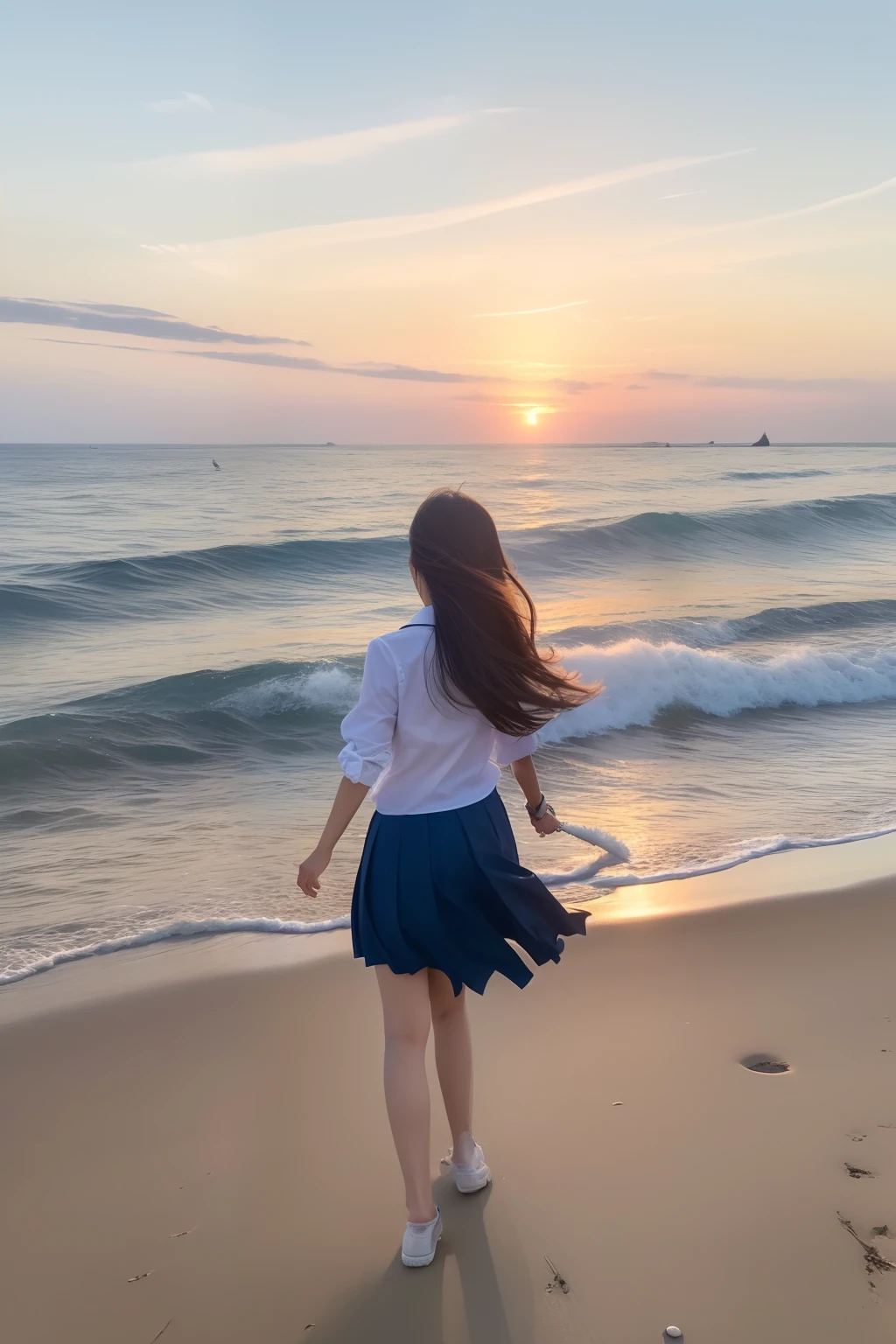(top-quality、8K、32K、​masterpiece）Beautuful Women、in school uniform、Sunset,sea side、Hair fluttering in the wind、Walking along the sandy beach、Same woman、Rear view