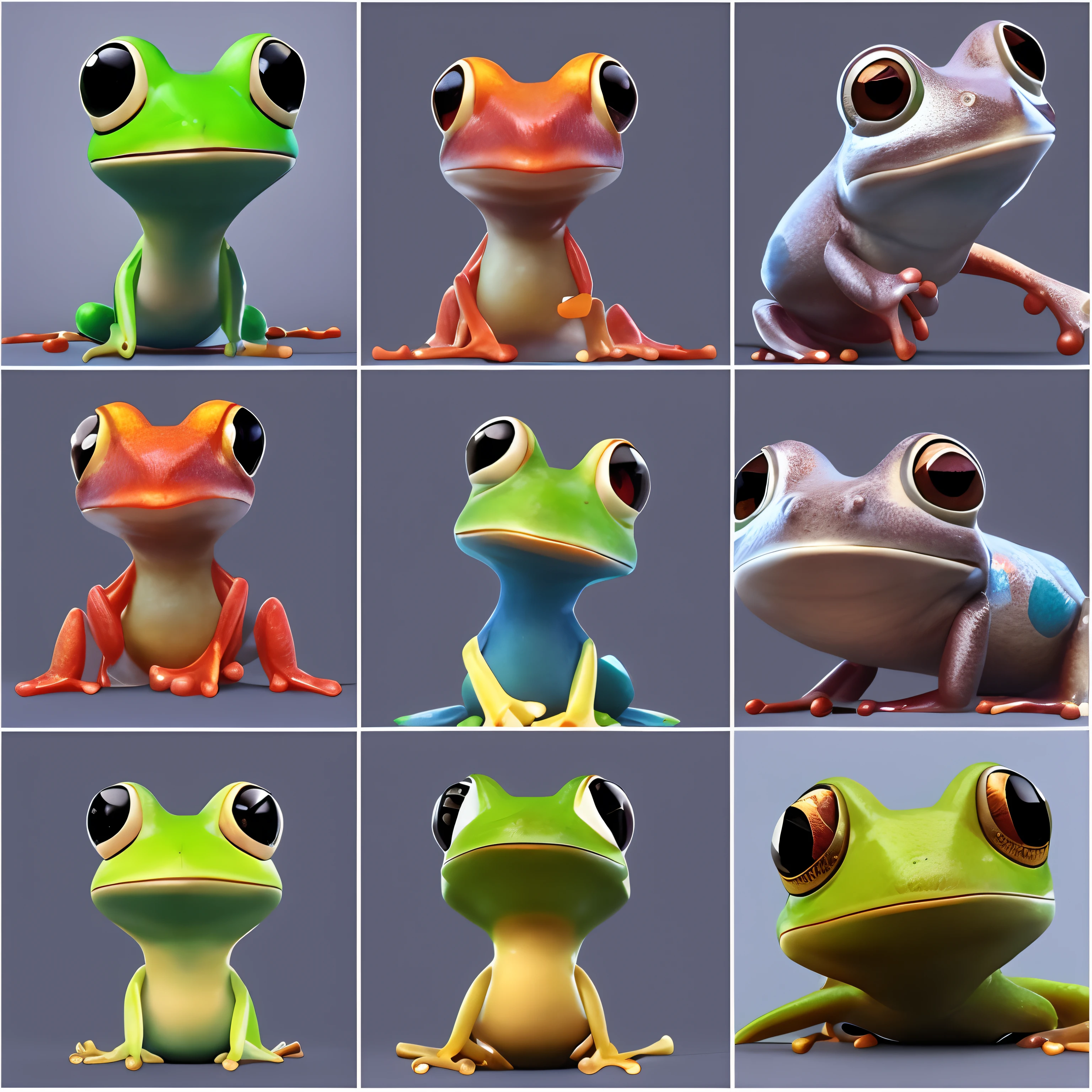 a close up of a bunch of different frogs with different eyes, frogs, 3d characters, pixar highly detailed, for hire 3d artist, pixar character design, pixar cute character design, froggy, cute 3 d render, frog themed, pixar render, amphibians, colored zbrush render, stylized 3 d, frog, 3d model pixar render