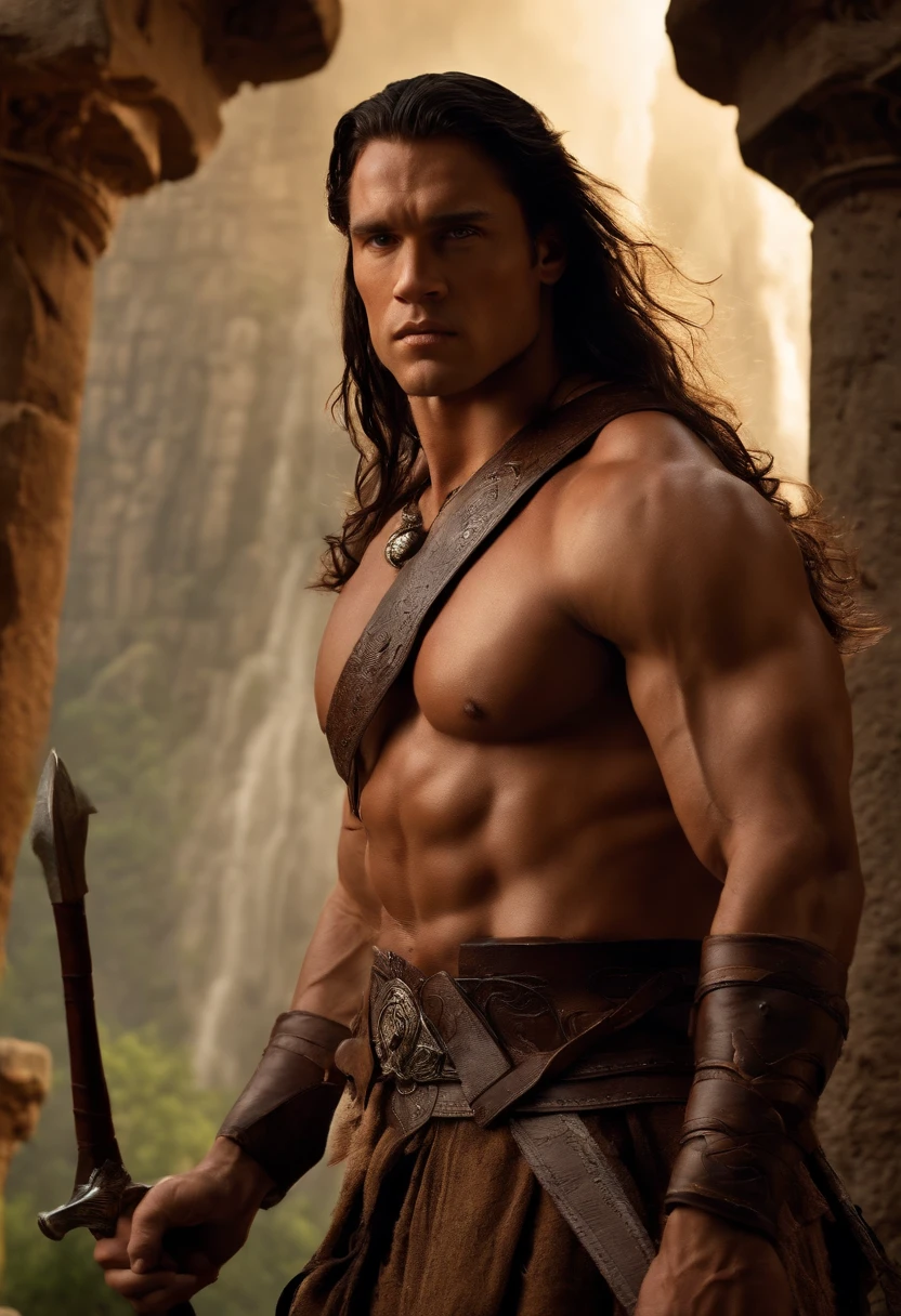 ((best quality)), ((masterpiece)), (detailed), Conan the Barbarian stands imposing in an ancient lost city. Chiseled perfect body, insanely handsome and masculine face. Sunlight highlights his muscles and scars. The scenery is lush and mysterious, with ruins and vegetation. The camera details everything.