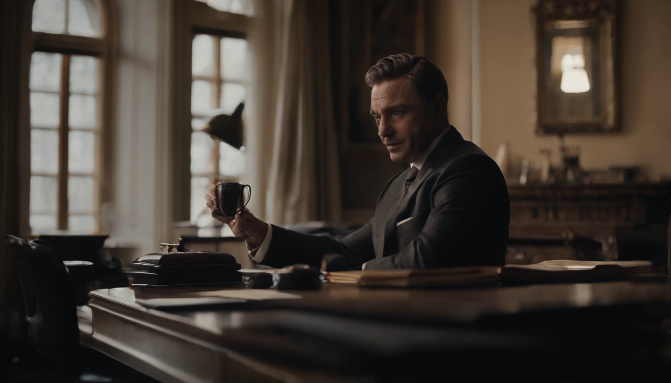 ((beste-Qualit, 8K, tmasterpiece :1.3)), A business man sits in an office, and speaks to his interlocutor