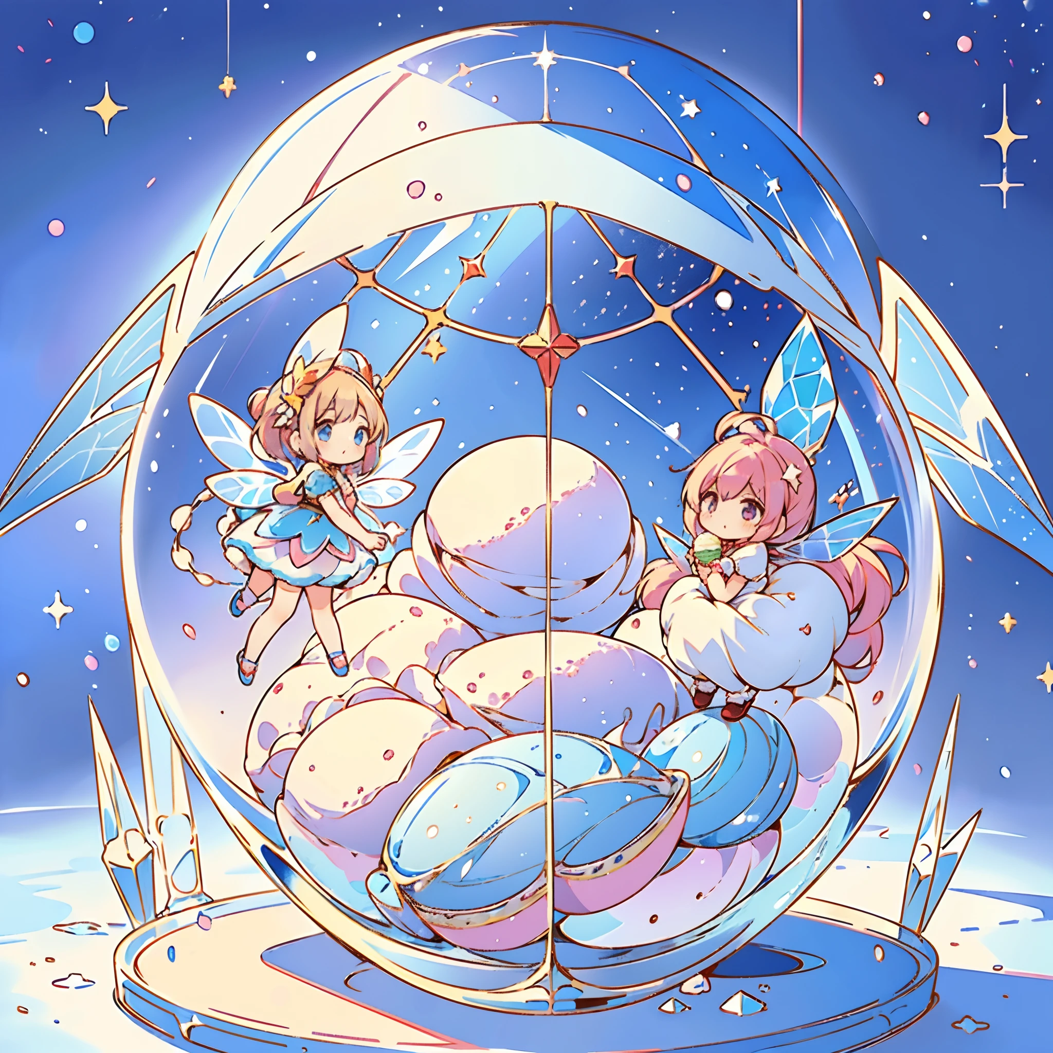 (Precise and unmatched illustrations:1.3), (1girl:1.3), (ice cream:1.4), (Fairies eating big ice cream cone ice-creams is in a snow globe), (kawaii, Cute, Tiny,chibi:1.3), (wearing Fairy wings of crystal-clear ice material:1.5), (dress), BREAK,(Simple Background:1.3),(The World in a snow globe:1.5),(Inside the snow globe is a world made of colorful, popping ice cream).(Best Quality), (masutepiece:1.3), Ultra-detailed,