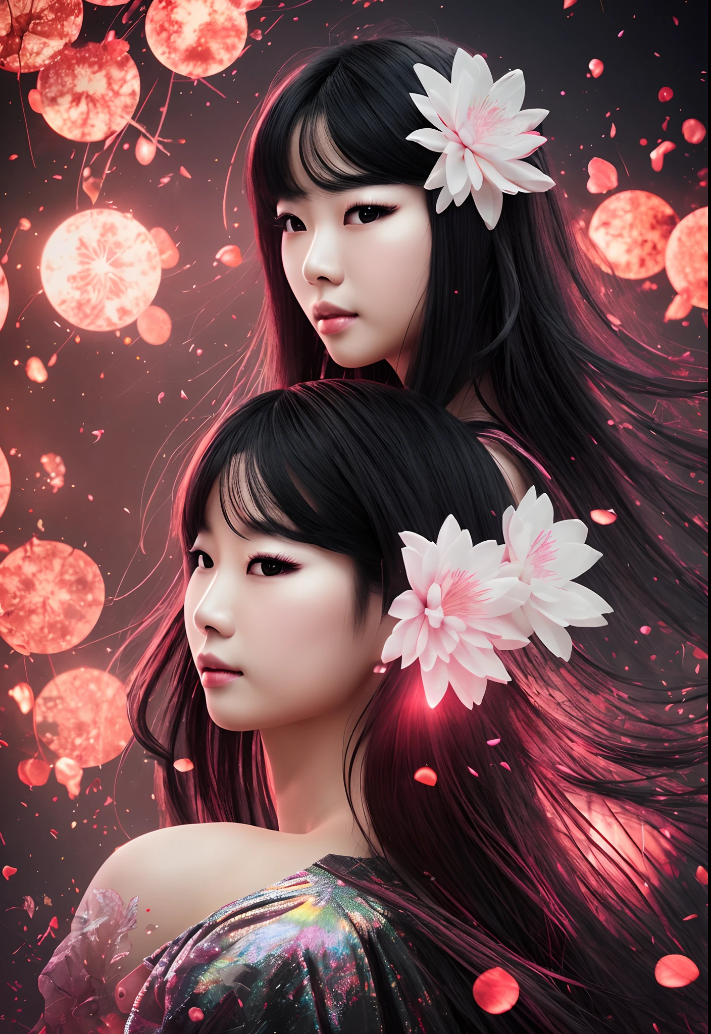 Medium shot angle of a beautiful Chinese woman standing on top of water with red lamps floating in the sky, night time the red lamps shining light in the scene, with iridescent light, highly detailed images, vibrant beautiful colours, photorealistic image, 32k, ultra HD, unreal engine rendered, cinematic lighting, artgerm style, bright skin with completely black wavy hair, ultra sharp focus, realistic shot, (((black hair:1.2)))32K（tmasterpiece，k hd，hyper HD，32K）Long flowing black hair，zydink， a color，  Xuzhou people， Chinese  clothing， （Abstract watercolor splash：1.2)，Pink and white lotus flowers fly（realisticlying：1.4），Black color hair， A high resolution， the detail， Sharp Re， Nikon D850 Film Stock Photo by Jefferies Lee 4 Kodak Portra 400 Camera F1.6 shots, Rich colors, --auto --s2