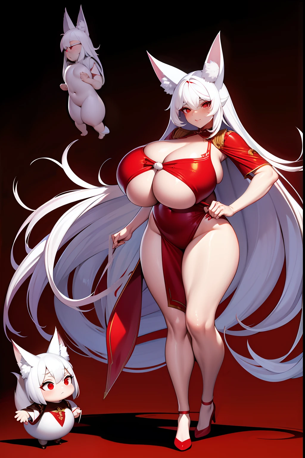 long  white hair，red pupils，fox demon，age 5，Short height，gnome，cropped legs，huge tit，爆乳，Extra large，A sagging breast，plumw，fat hips，Thin leg，black reotard，Charming，